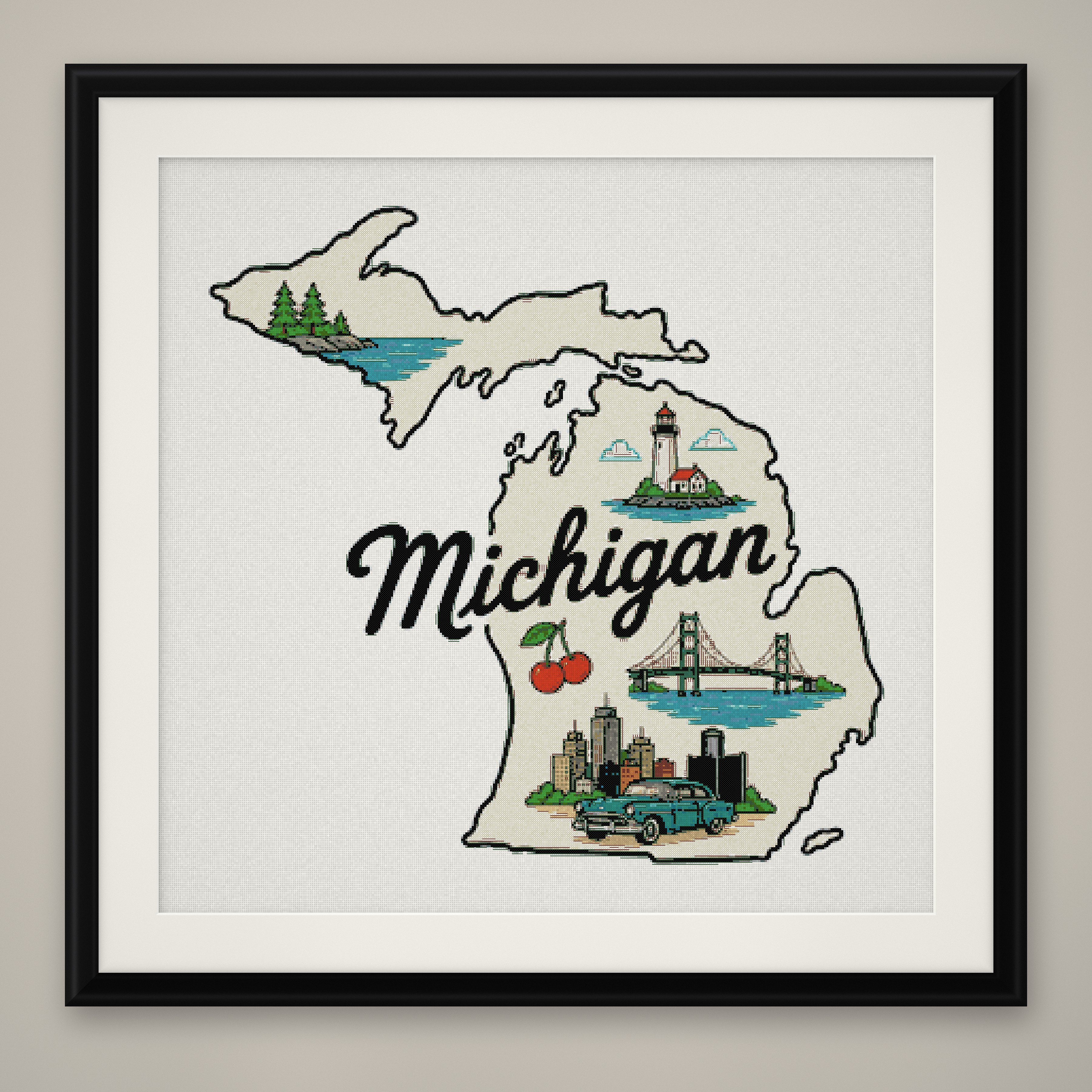 Michigan State Cross Stitch Pattern, State Shape Travel Souvenir PDF