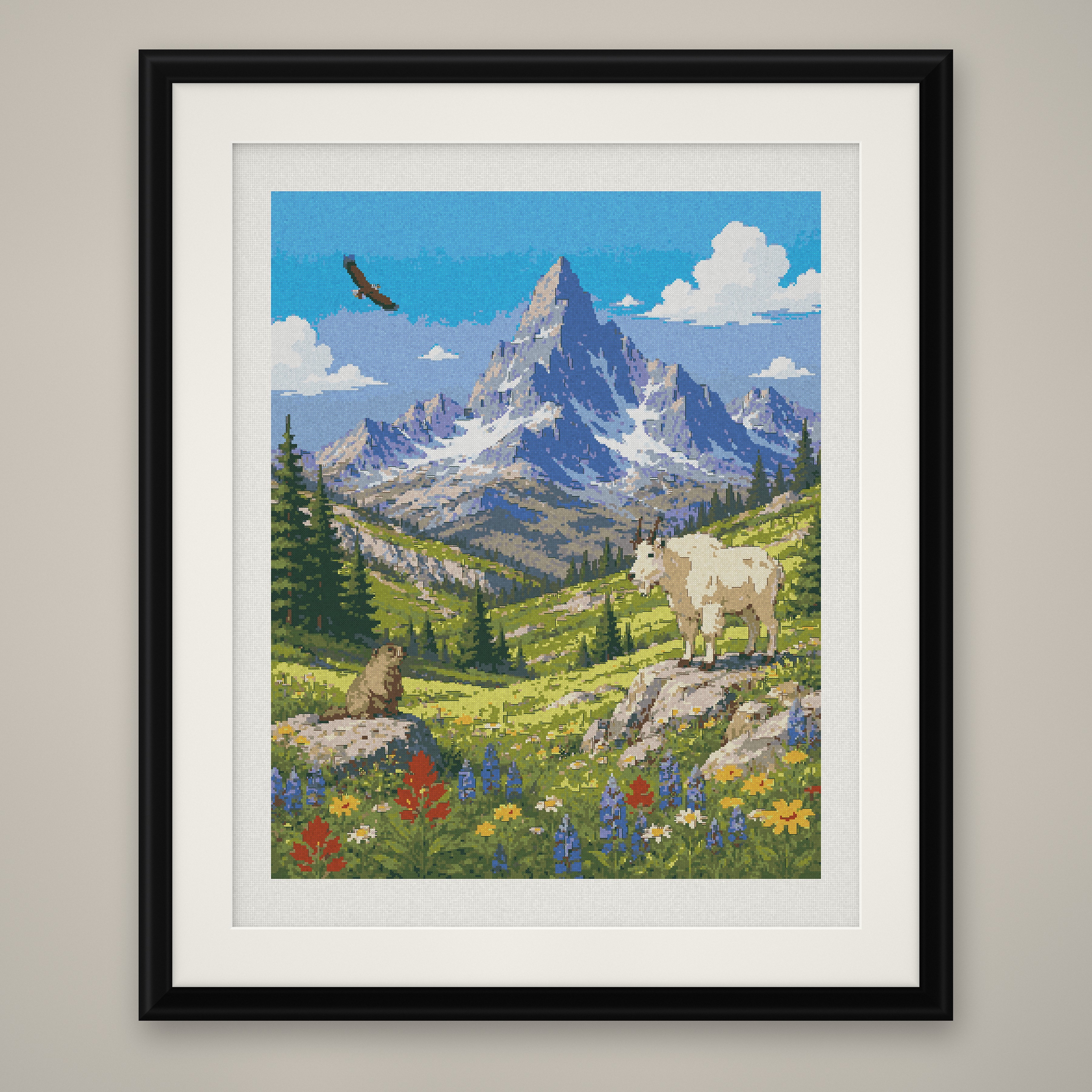 Mountain Goat Cross Stitch Pattern, Alpine Meadow Peak Wildlife PDF