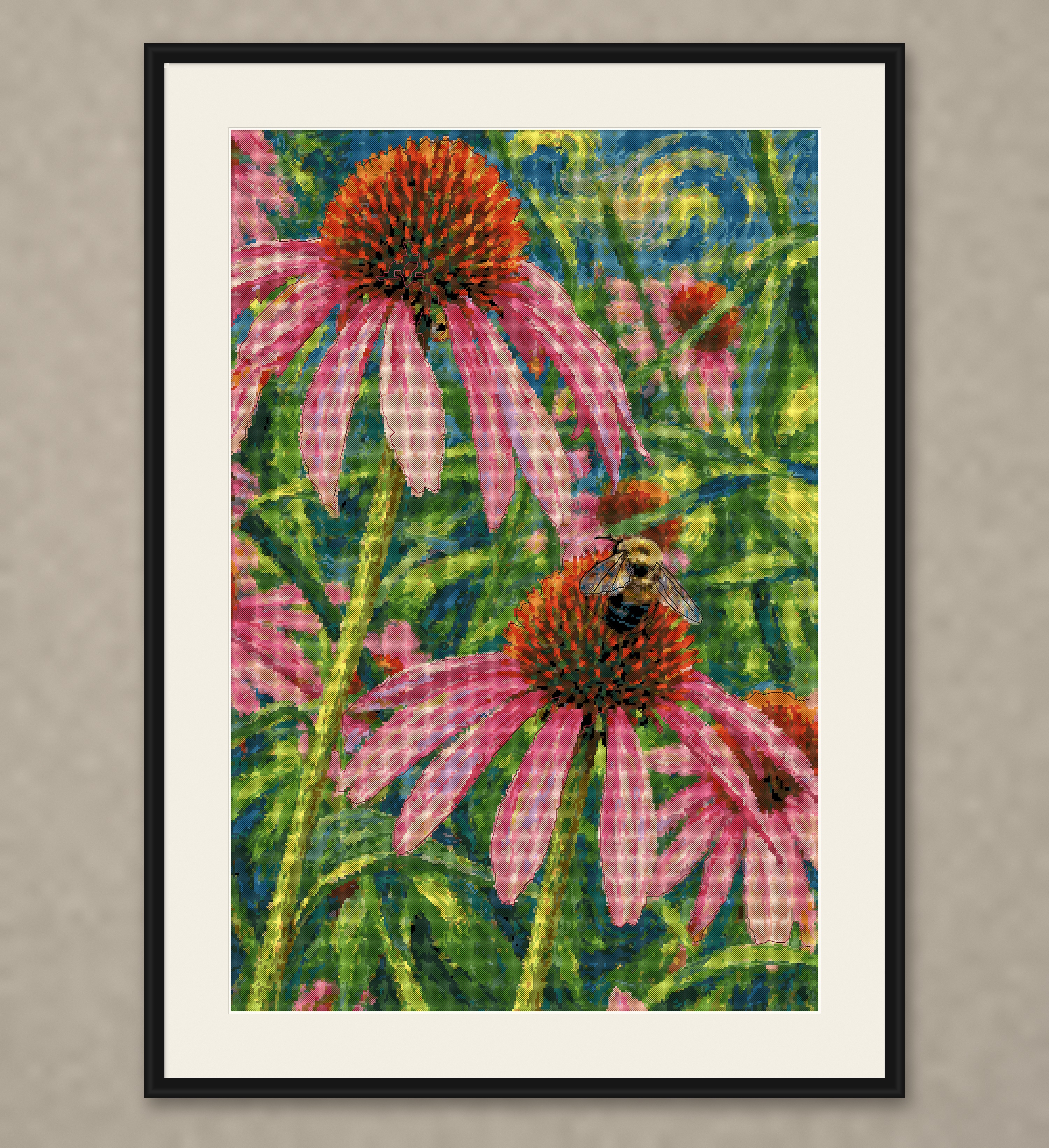 Coneflower Cross Stitch Pattern, Bumblebee on Pink Echinacea, Impressionist Garden PDF