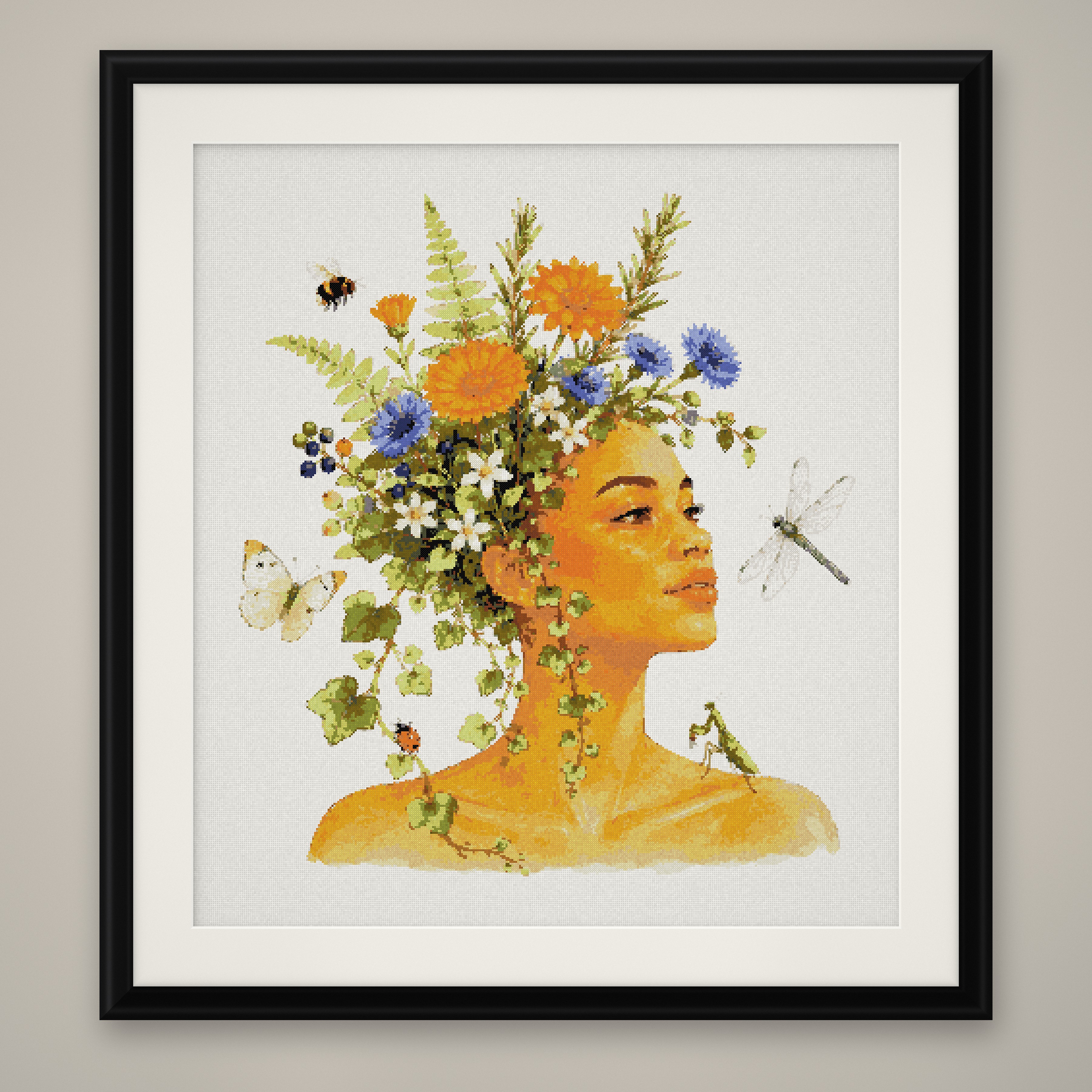 Wildflower Hair Woman Cross Stitch Pattern, Floral Fantasy Portrait PDF