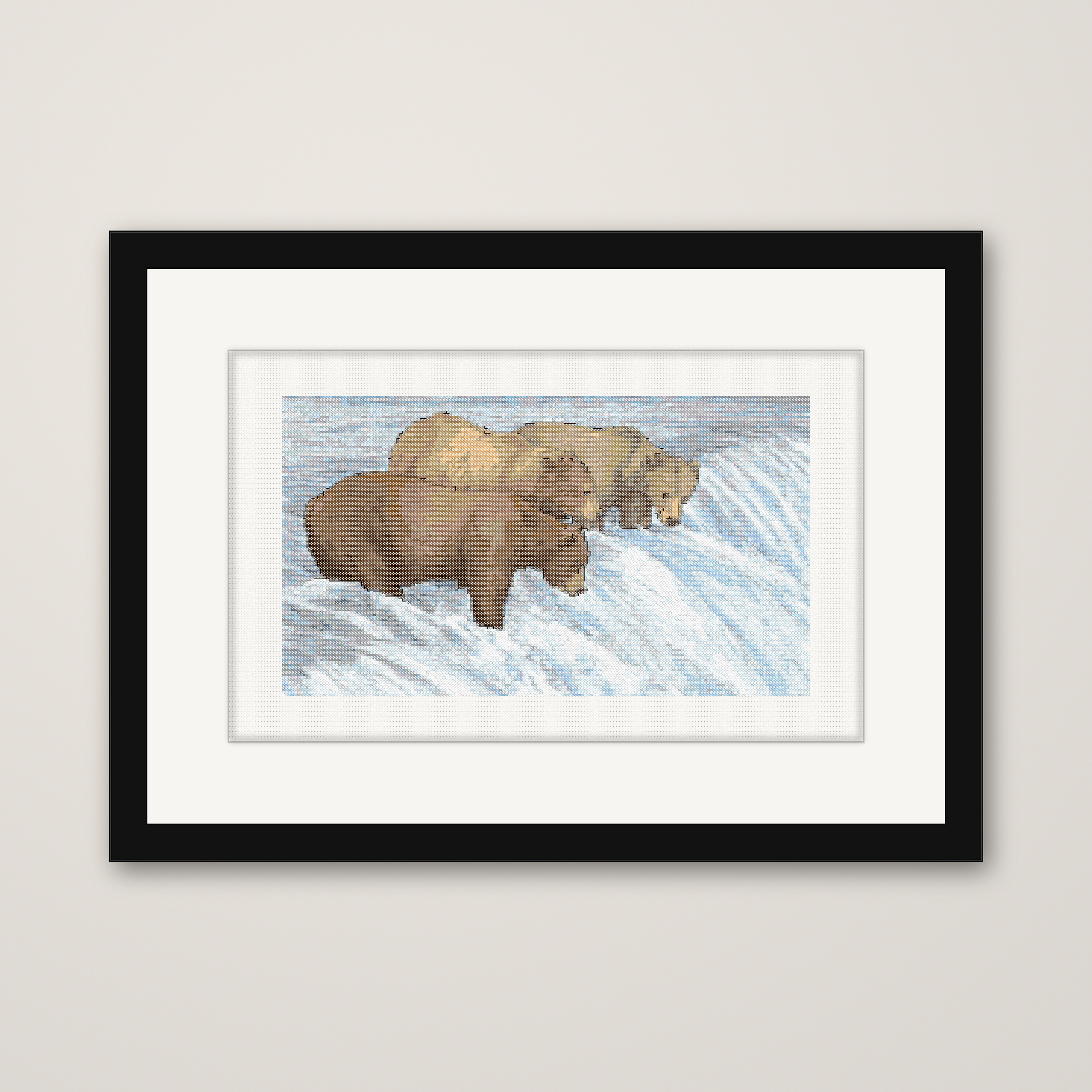 Three Bears at Brooks Falls Fat Bear Week 2026 Cross Stitch Pattern, Brooks Falls Katmai Alaska Watercolor Bears Fishing PDF