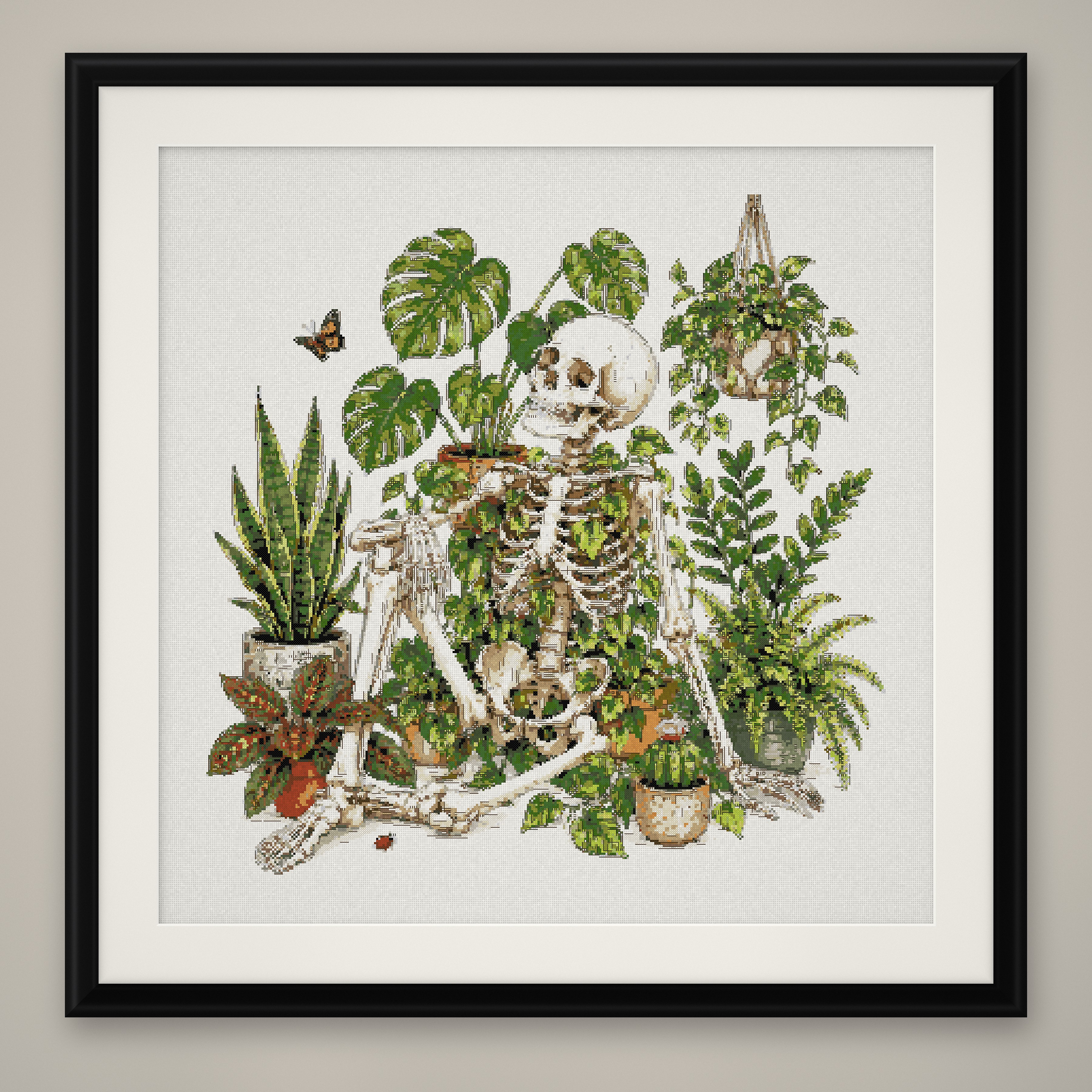 Garden Skeleton Cross Stitch Pattern, Houseplant Fern Goth Plant PDF