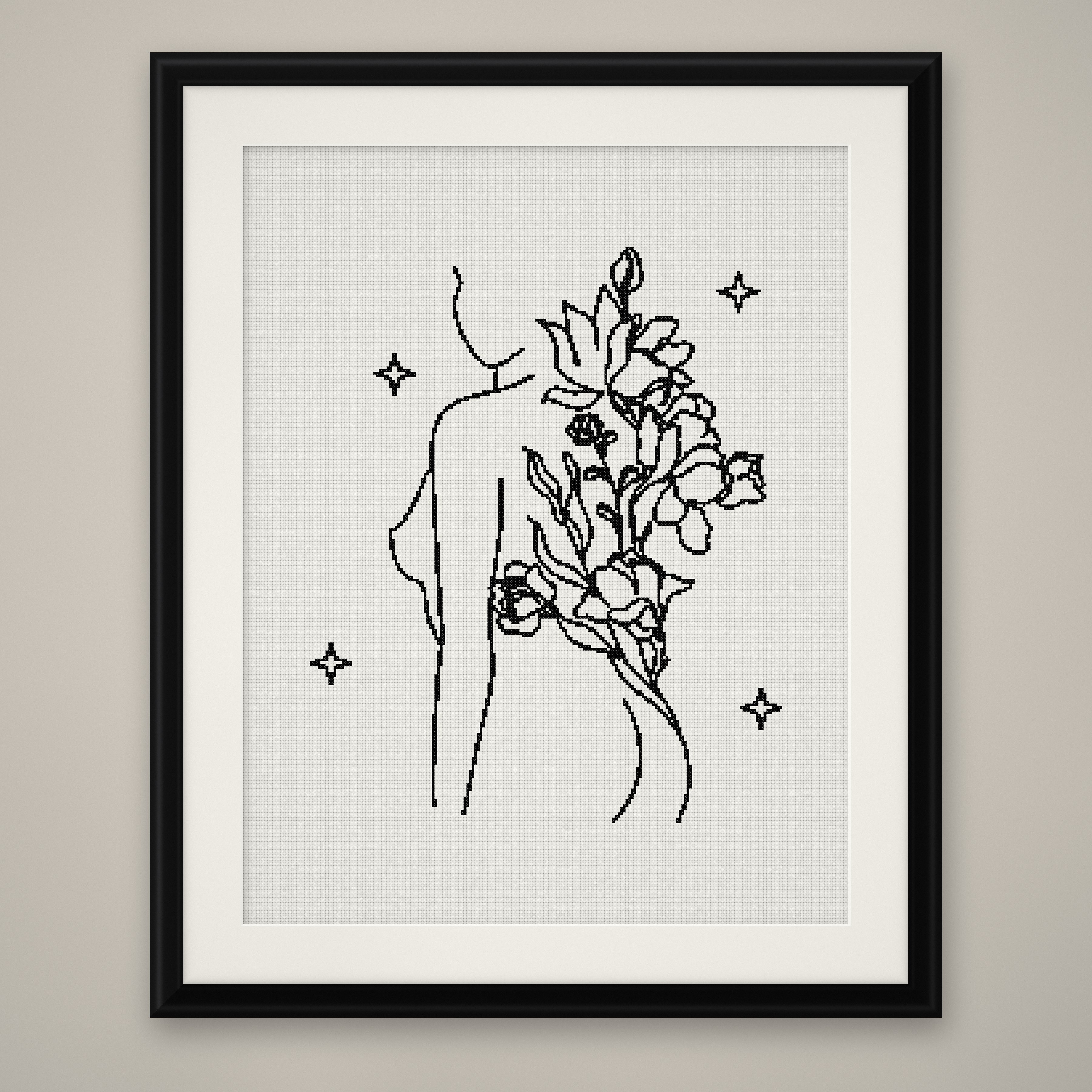 Floral Hair Cross Stitch Pattern, Minimalist Line Art Woman PDF