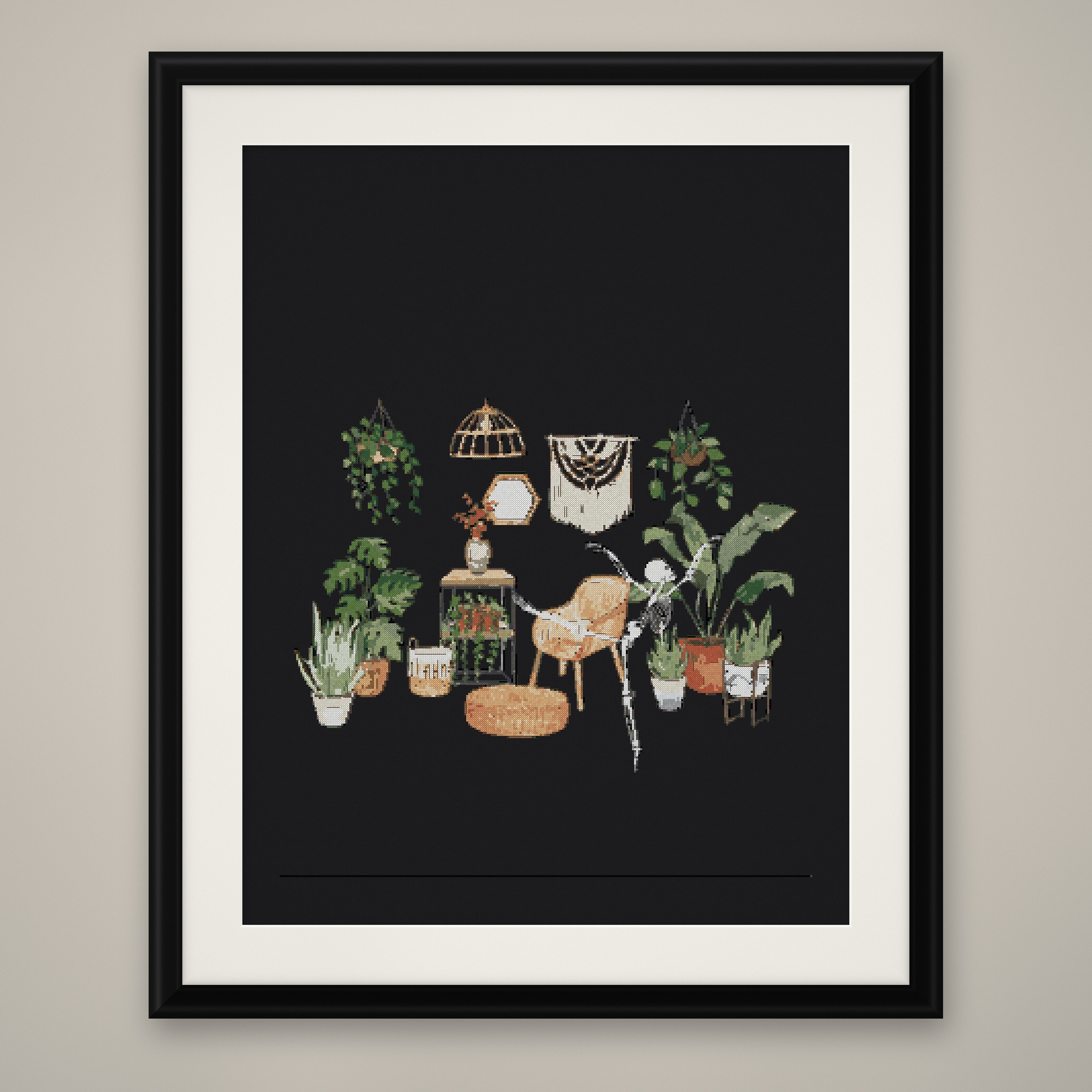 Skeleton Reading Cross Stitch Pattern, Books Plants Goth Black PDF