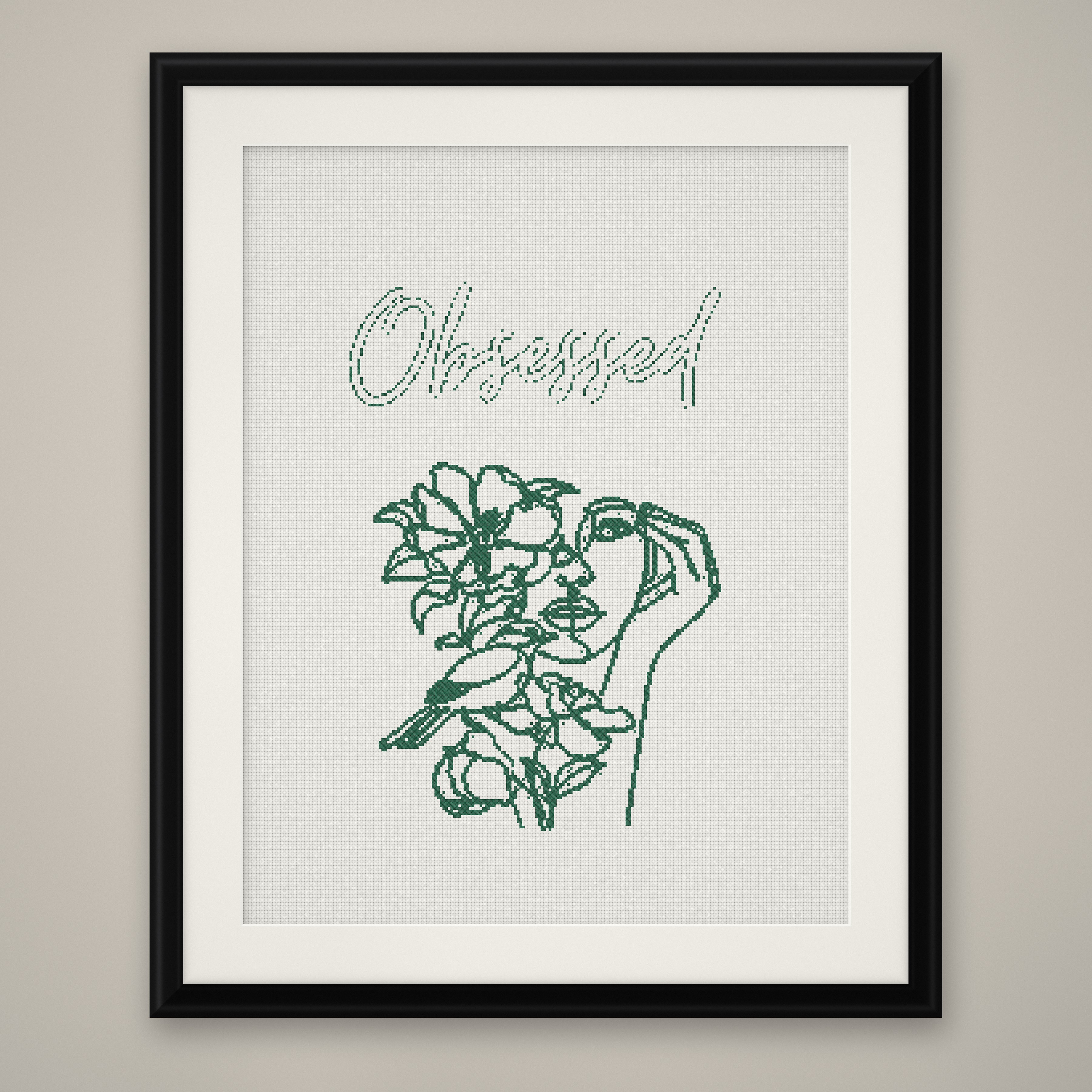 Obsessed Cross Stitch Pattern, Minimalist Floral Line Art Woman PDF