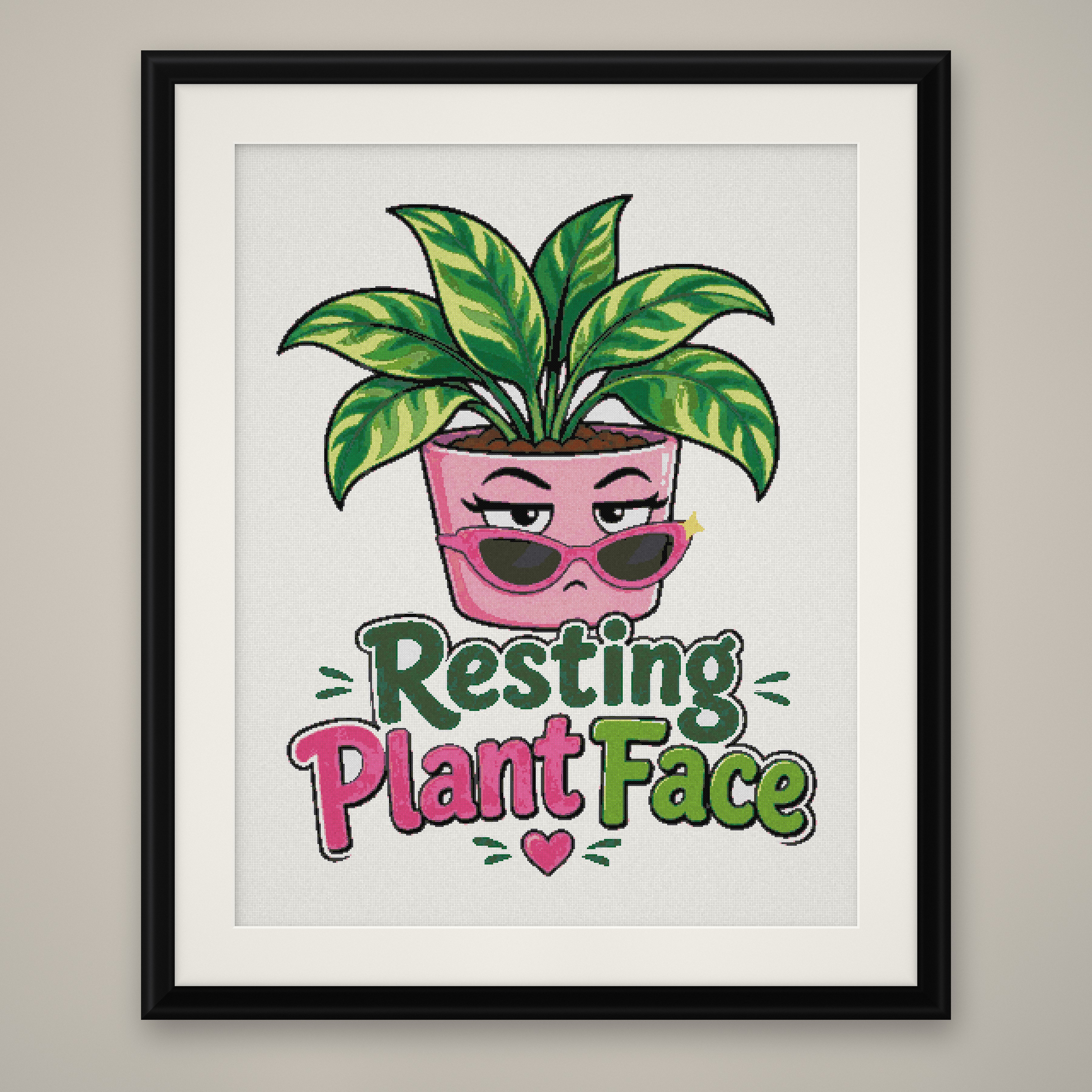 Resting Plant Face Cross Stitch Pattern, Funny Plant Pun Wall Art PDF