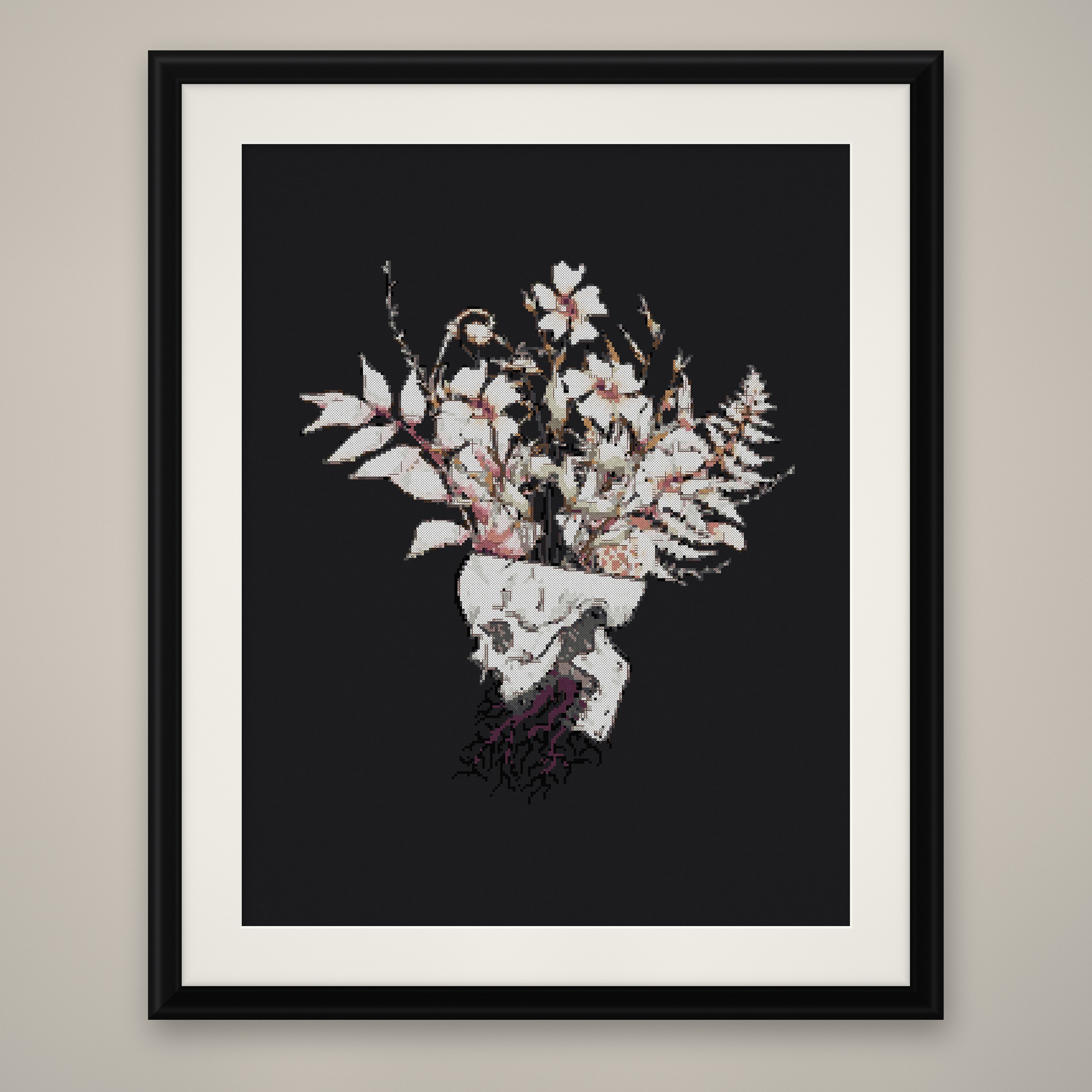 Floral Skull Cross Stitch Pattern, Flower Bouquet Goth Botanical PDF