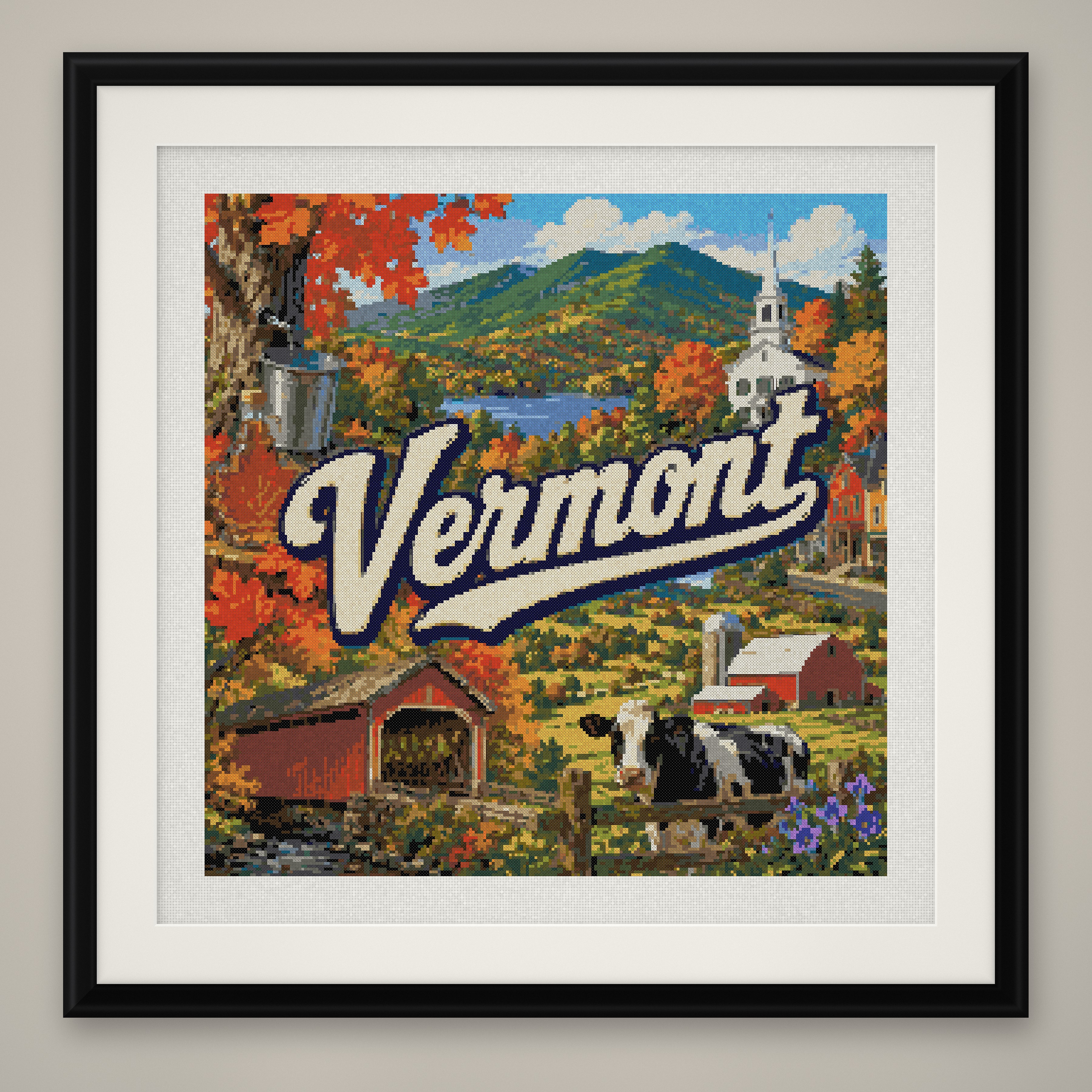 Vermont State Cross Stitch Pattern, Vintage Travel Poster Souvenir PDF