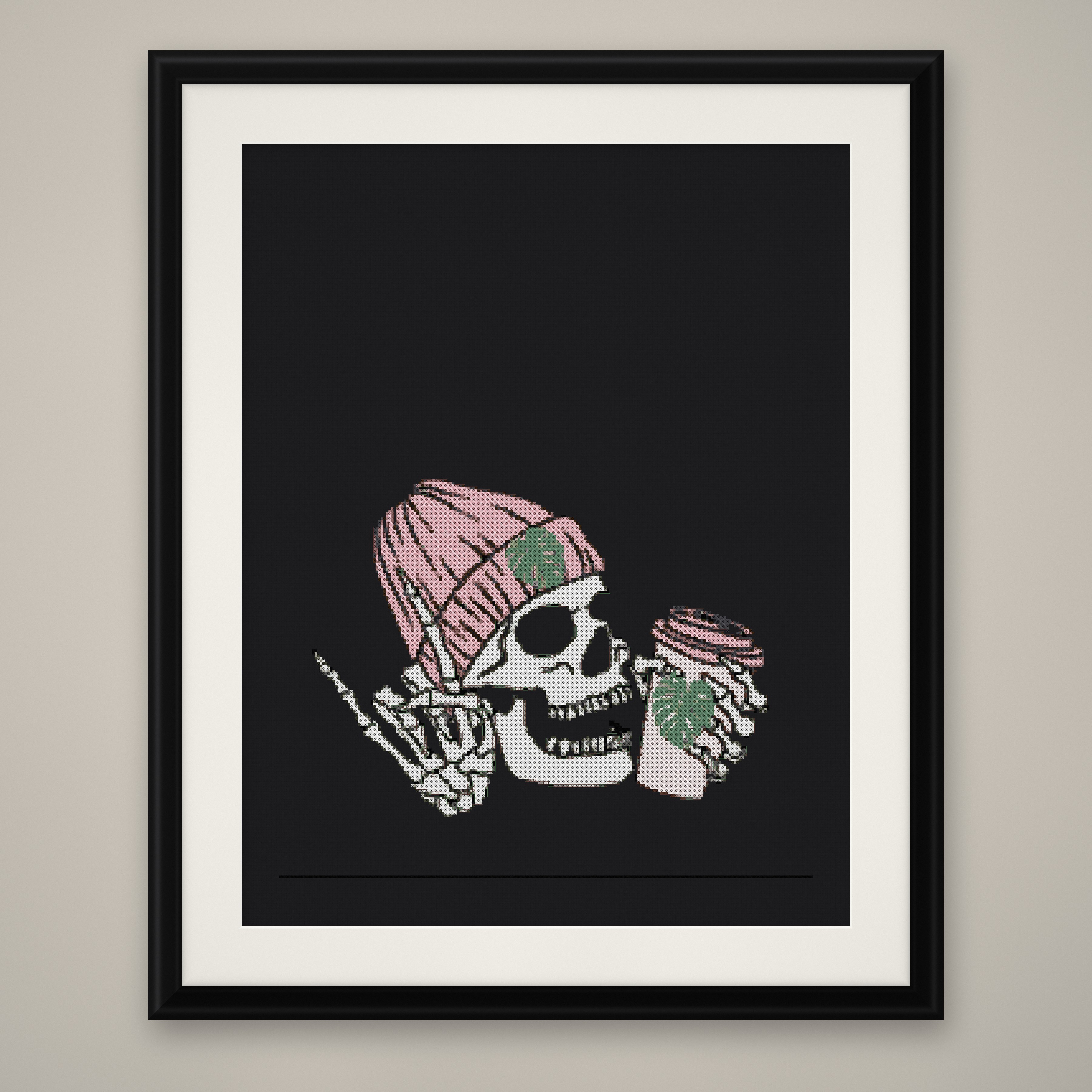 Skeleton Roses Cross Stitch Pattern, Goth Floral Black Fabric PDF