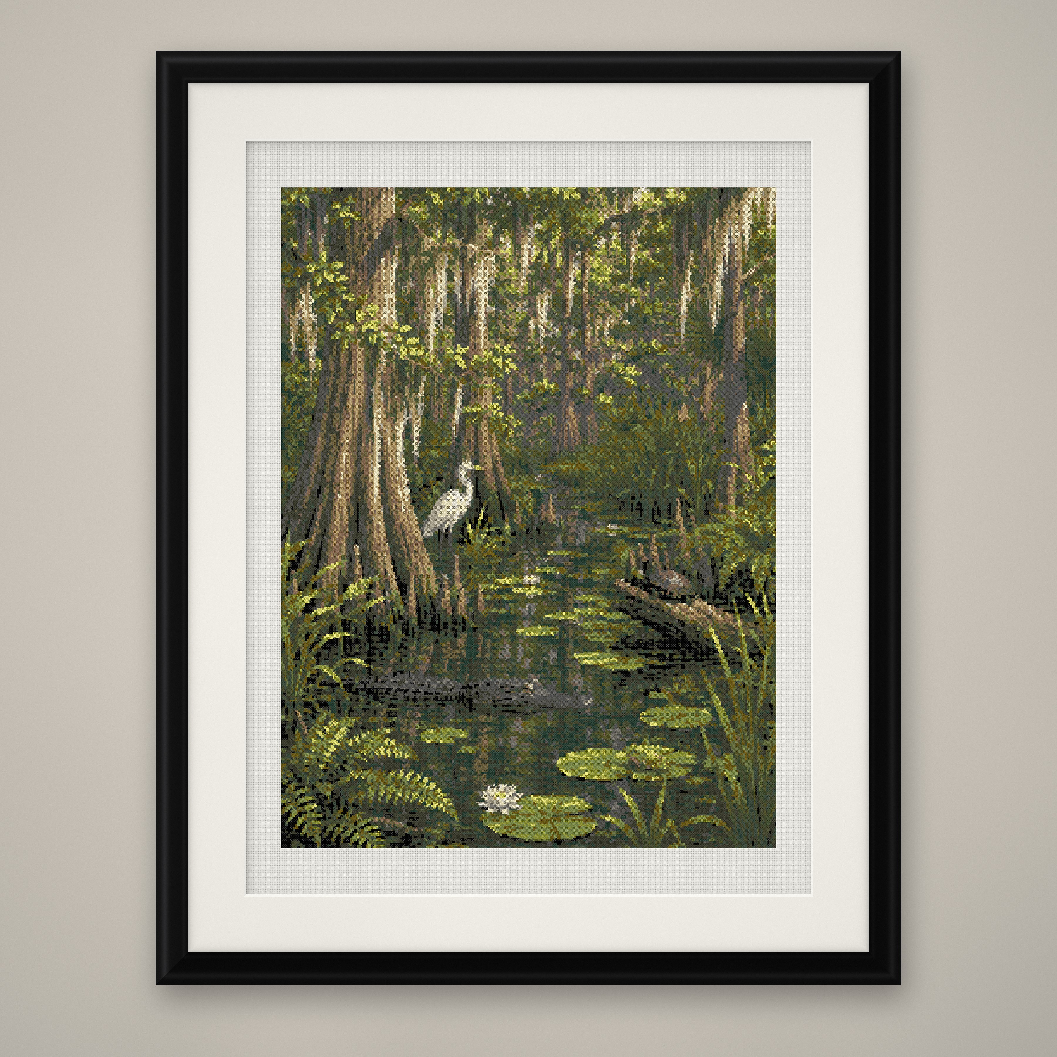 Cypress Swamp Cross Stitch Pattern, White Egret Bayou Wildlife PDF
