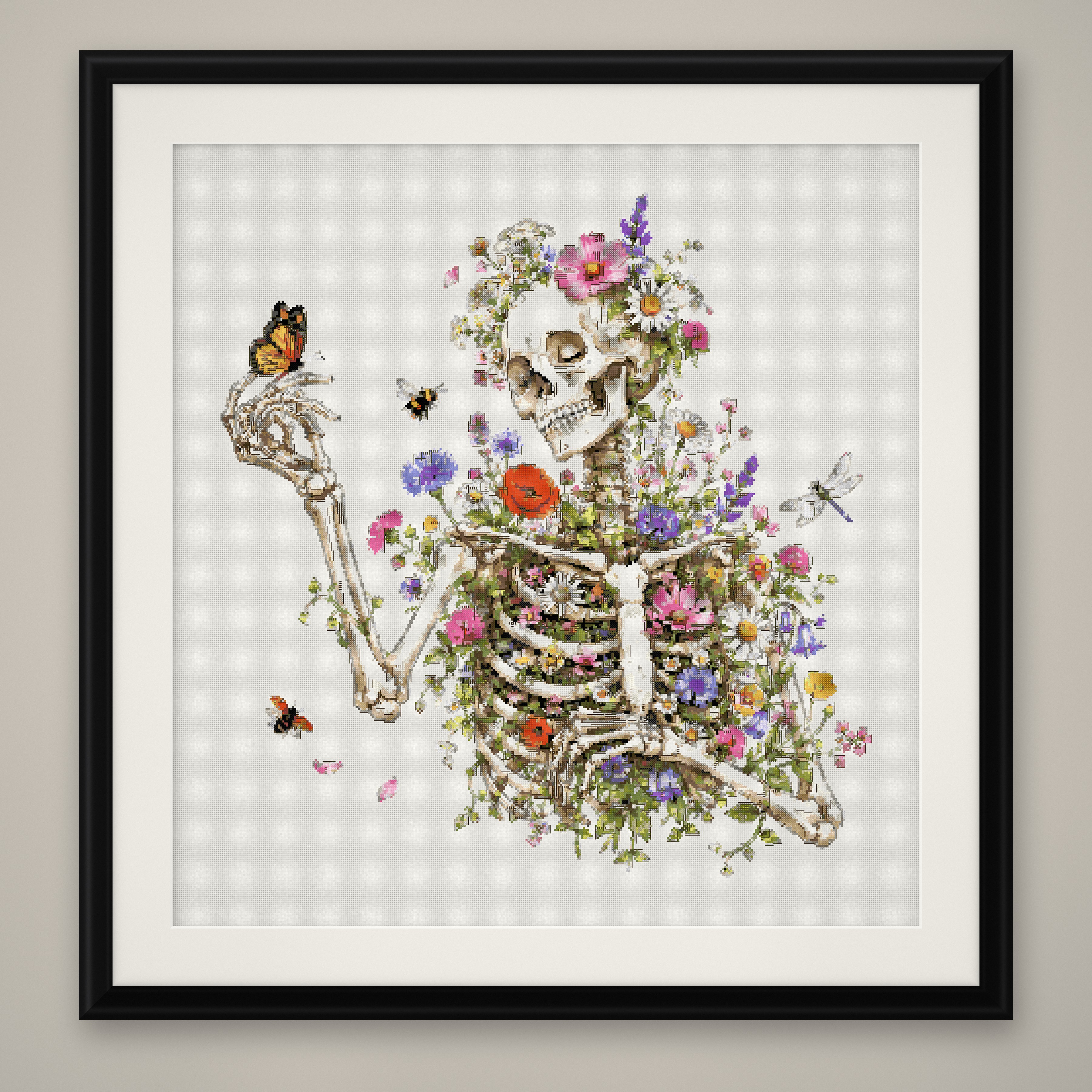 Wildflower Skeleton Cross Stitch Pattern, Floral Goth Botanical PDF