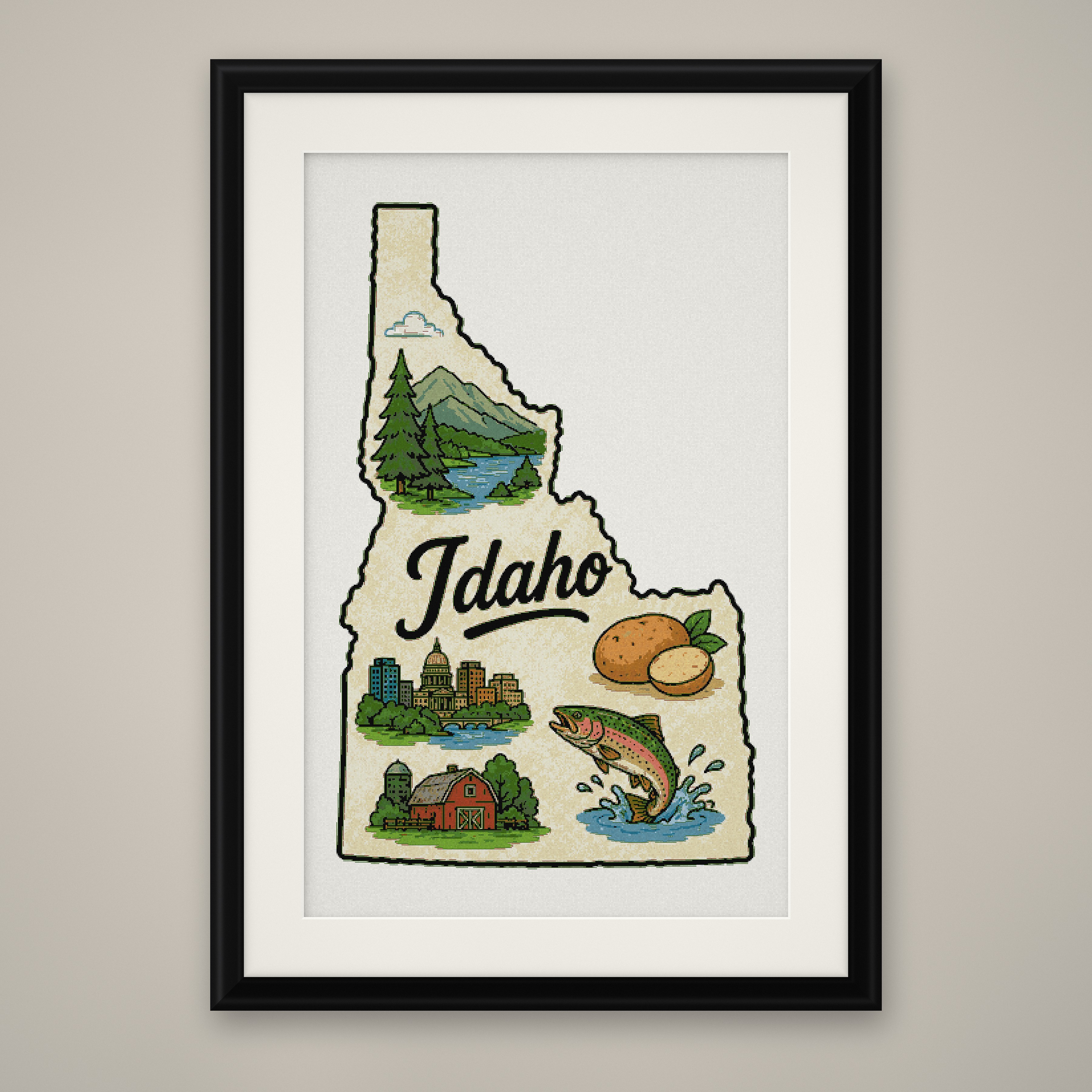 Idaho State Cross Stitch Pattern, State Shape Travel Souvenir PDF