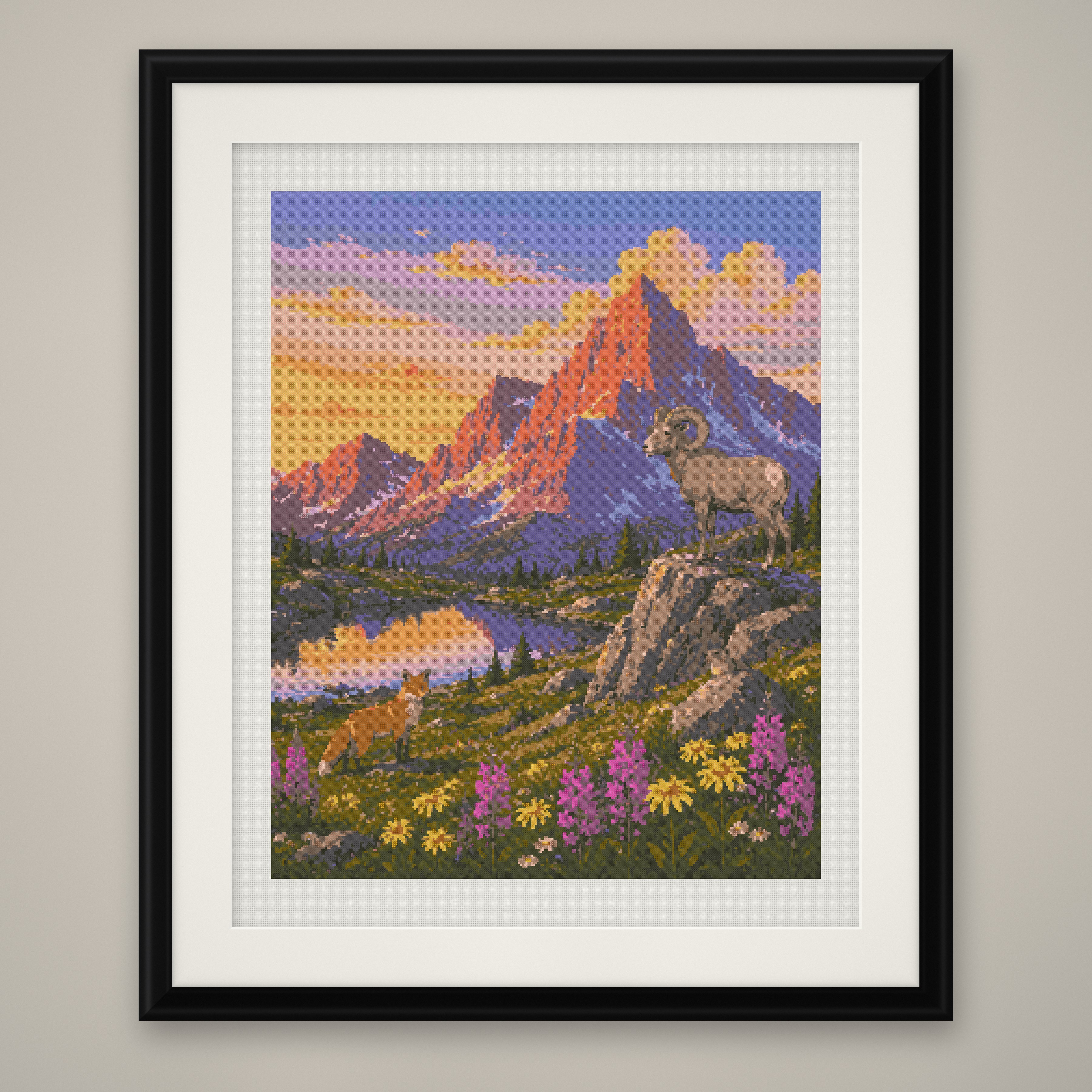 Bighorn Sheep Cross Stitch Pattern, Mountain Sunset Lake Fox PDF