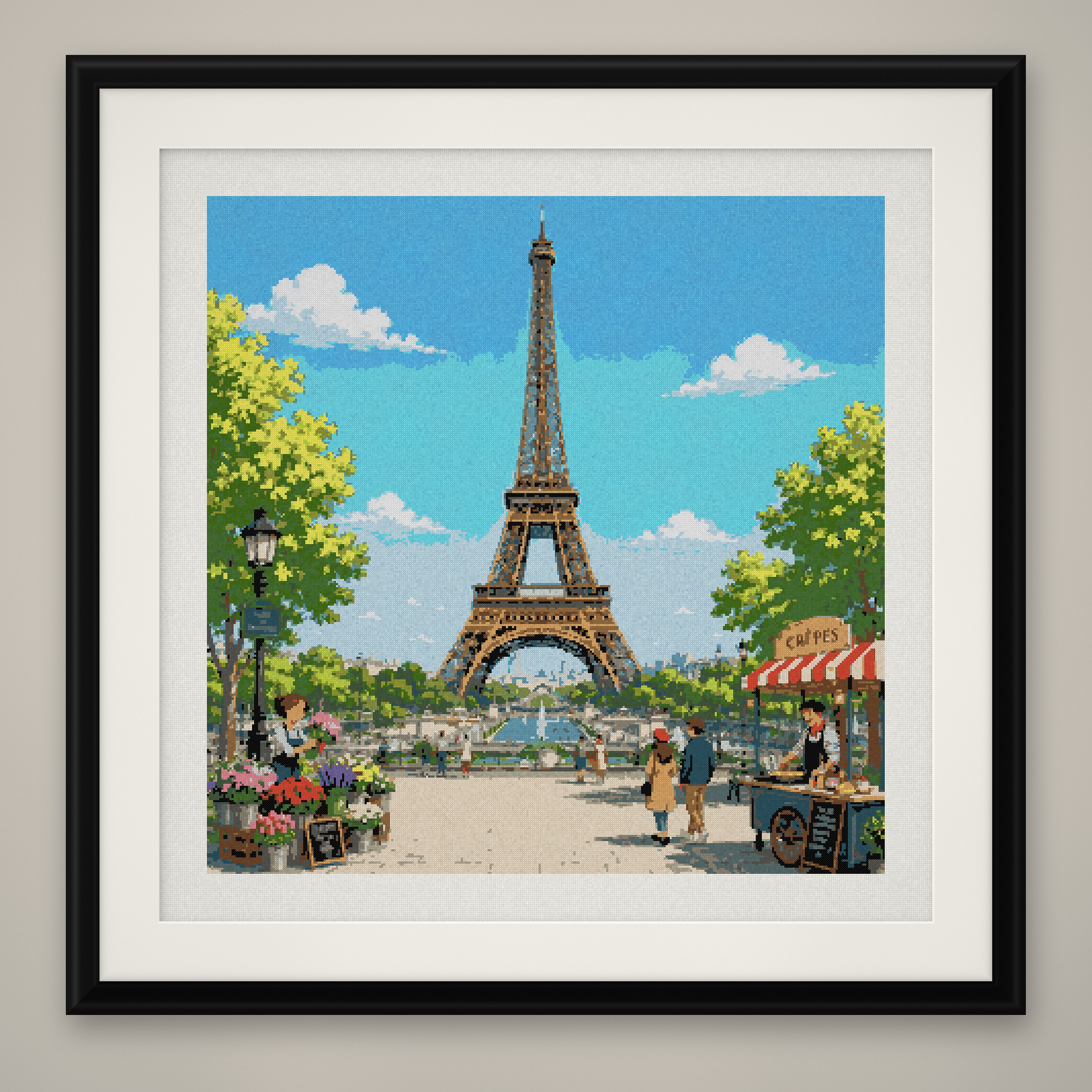Eiffel Tower Cross Stitch Pattern, Paris France Flower Market PDF