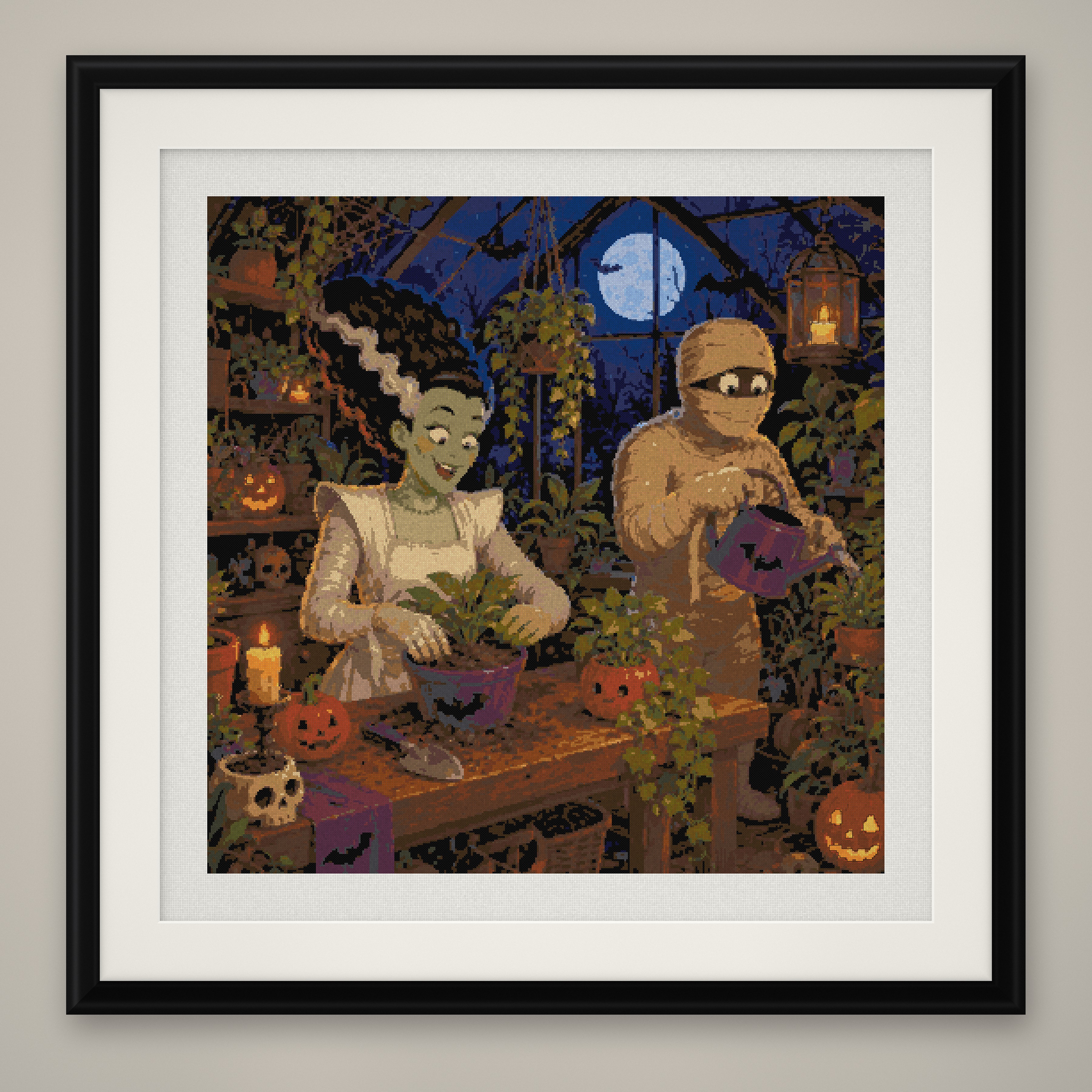 Monster Gardening Cross Stitch Pattern, Plant Lover Halloween PDF
