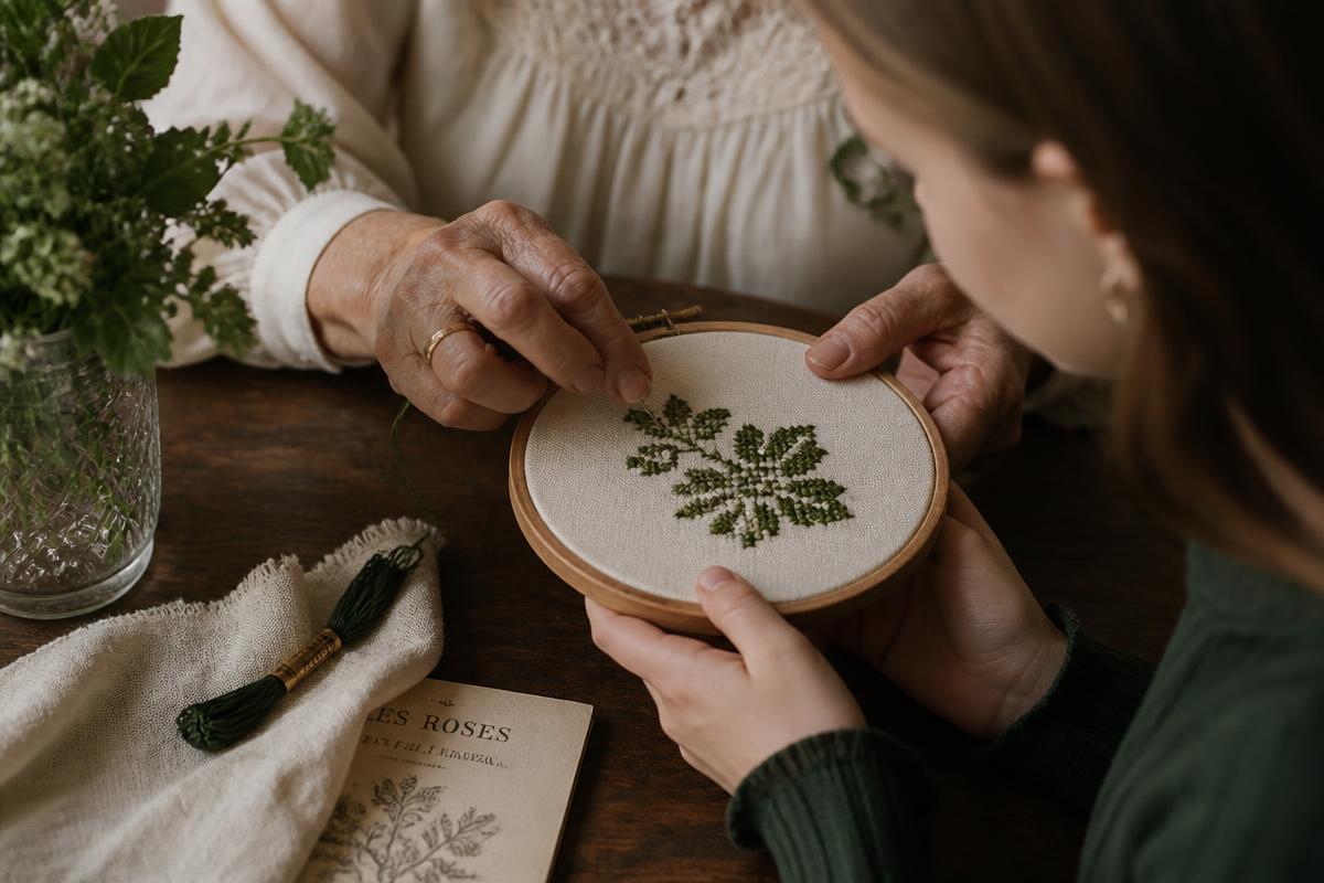 Hands passing cross-stitch from one generation to the next