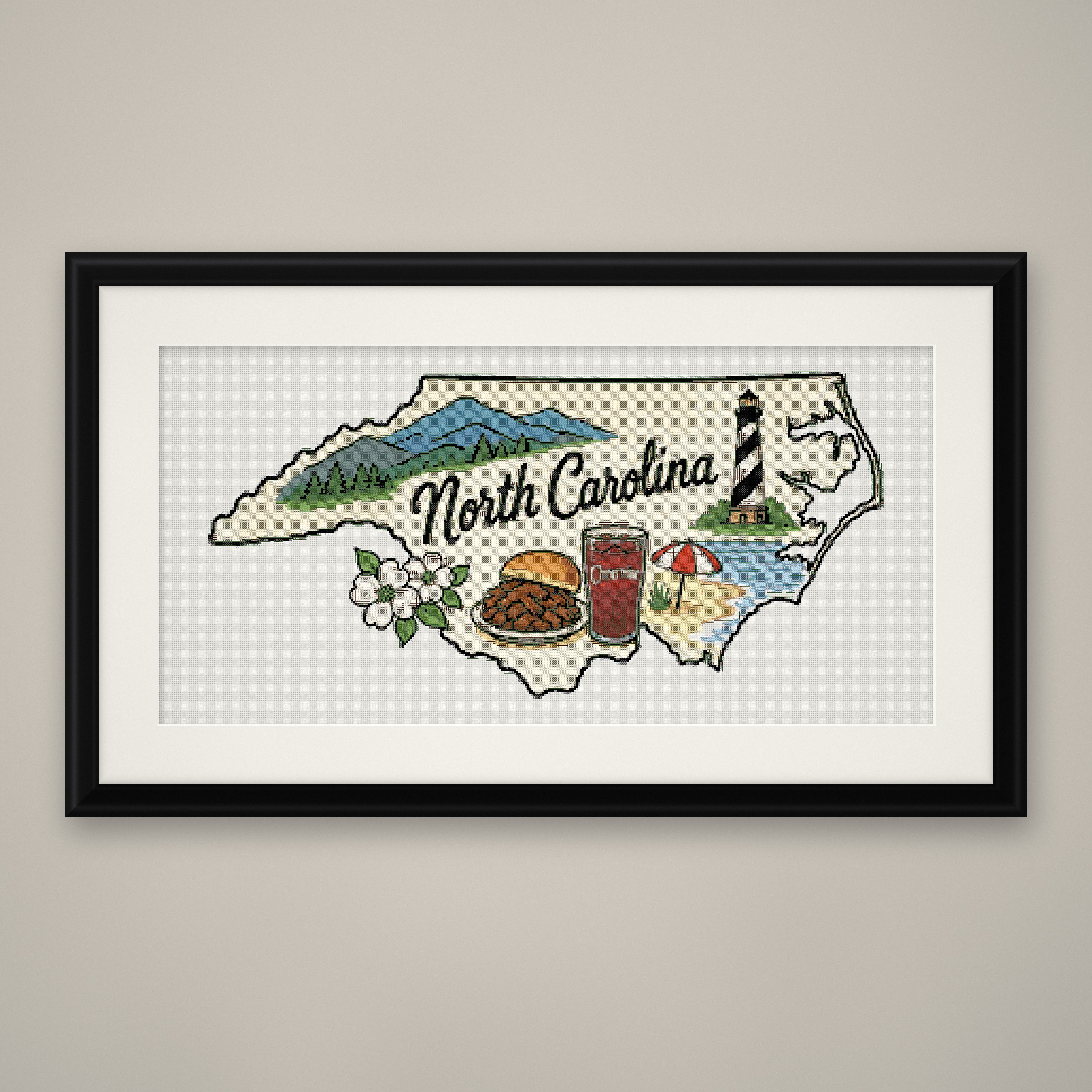 North Carolina State Cross Stitch Pattern, State Shape Travel Souvenir PDF