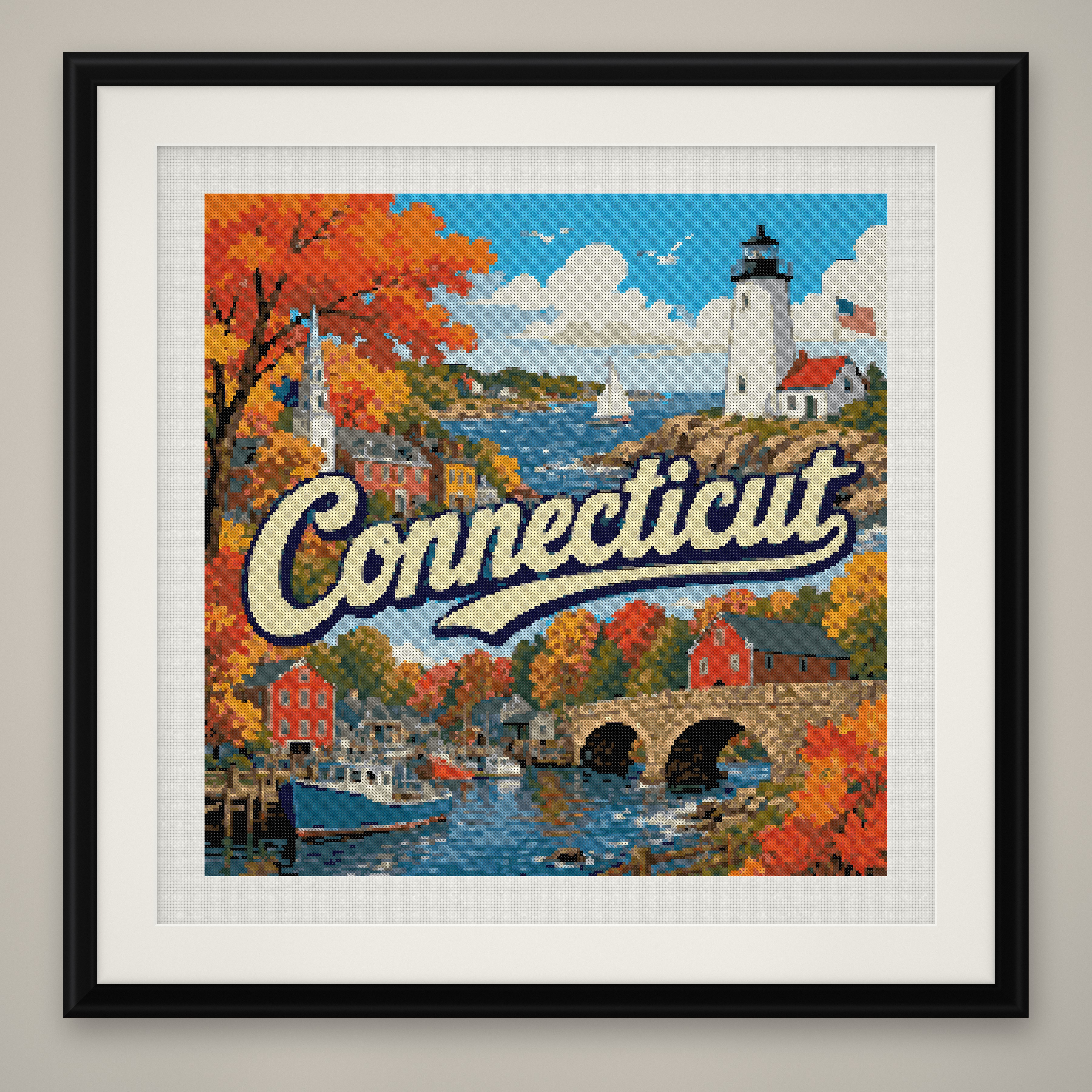 Connecticut State Cross Stitch Pattern, Vintage Travel Poster Souvenir PDF