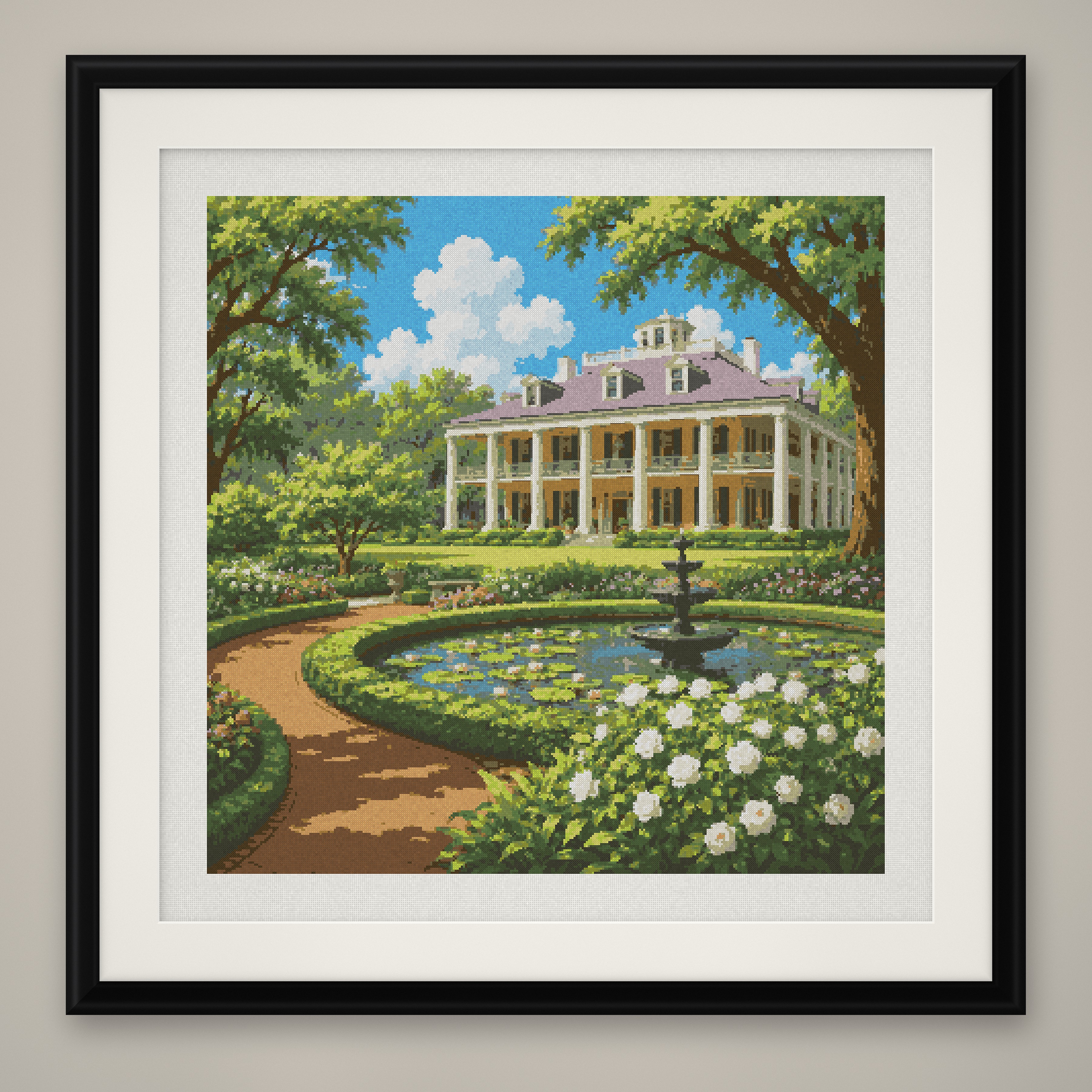 Southern Manor Cross Stitch Pattern, Antebellum Garden Fountain PDF