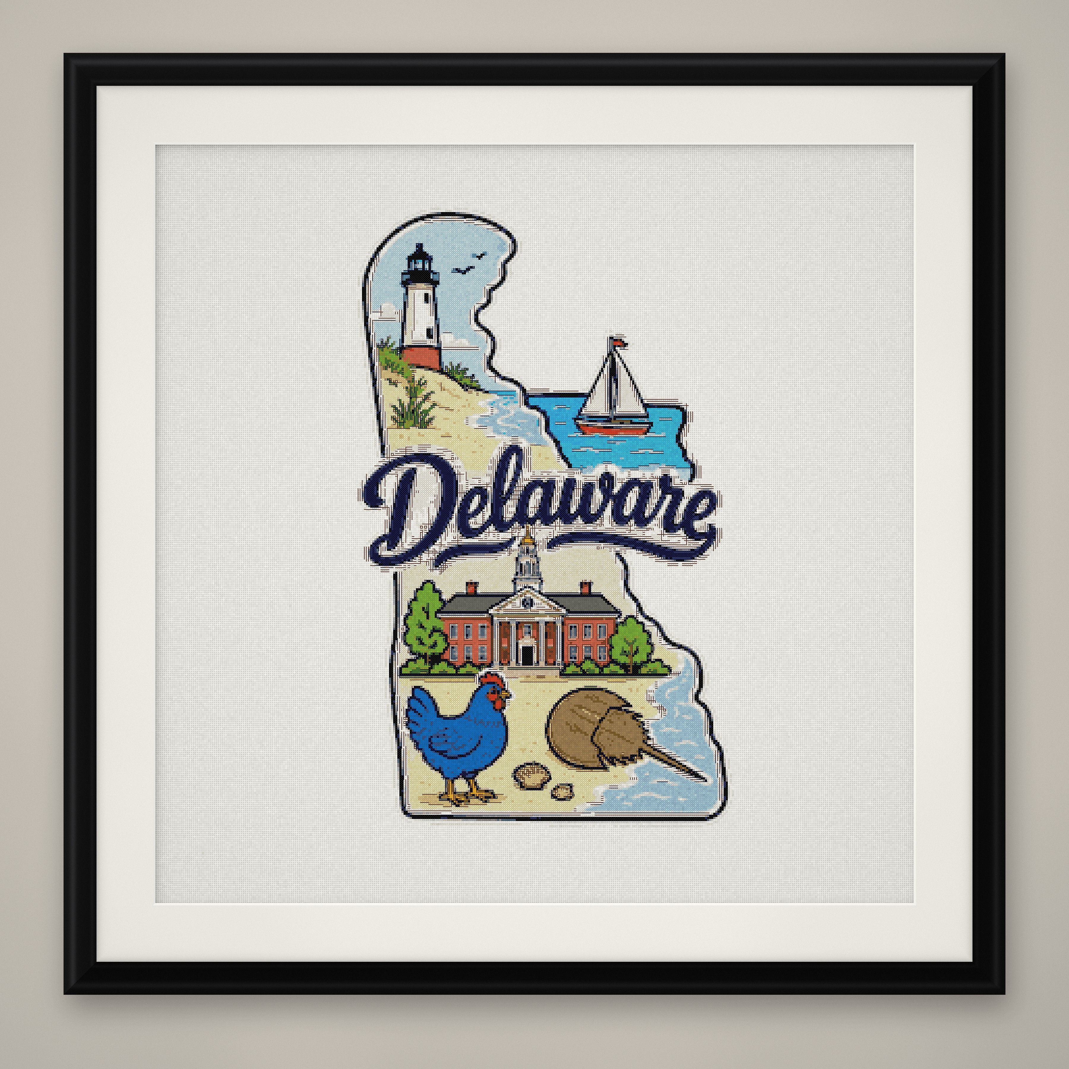 Delaware State Cross Stitch Pattern, State Shape Travel Souvenir PDF