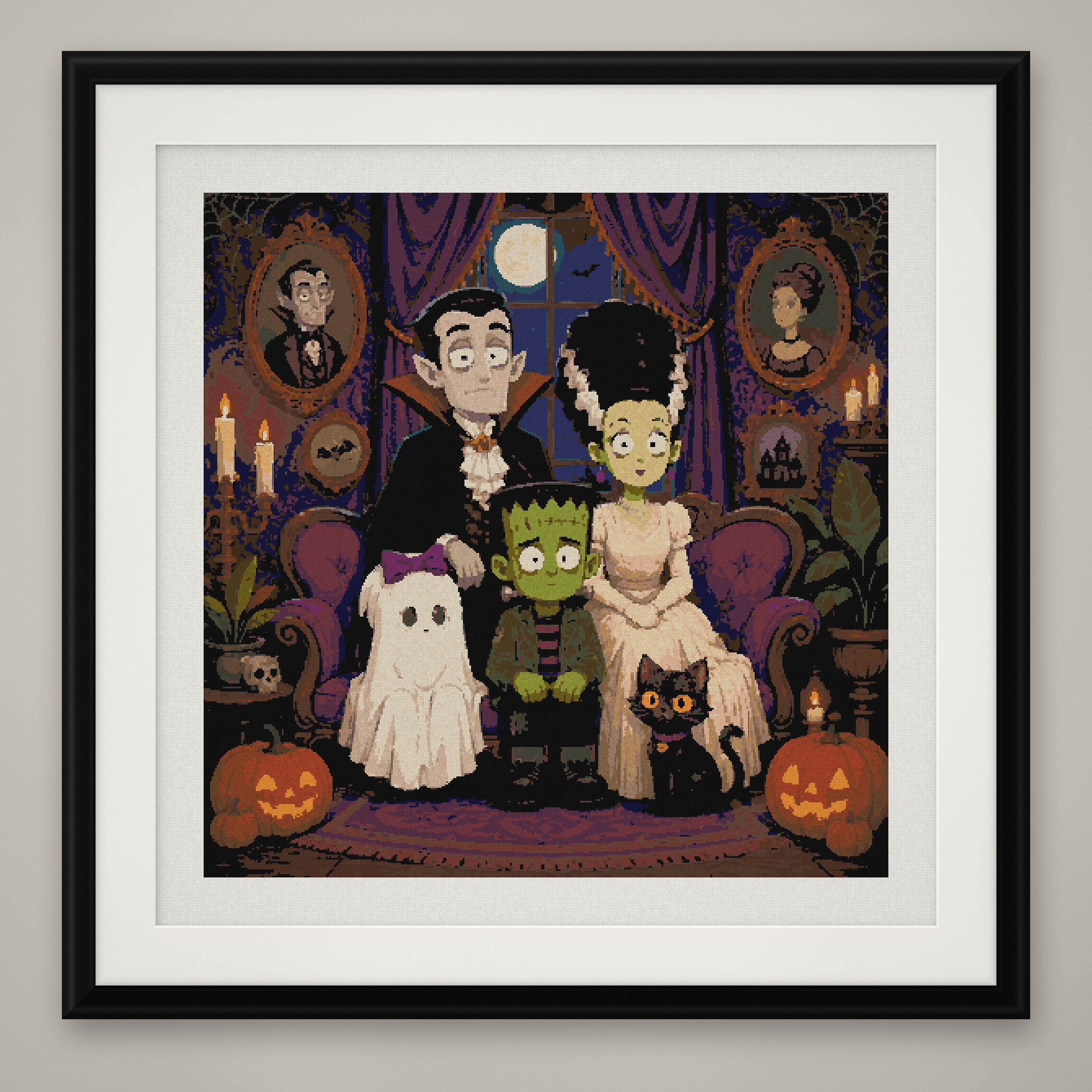 Monster Family Cross Stitch Pattern, Vampire Frankenstein PDF