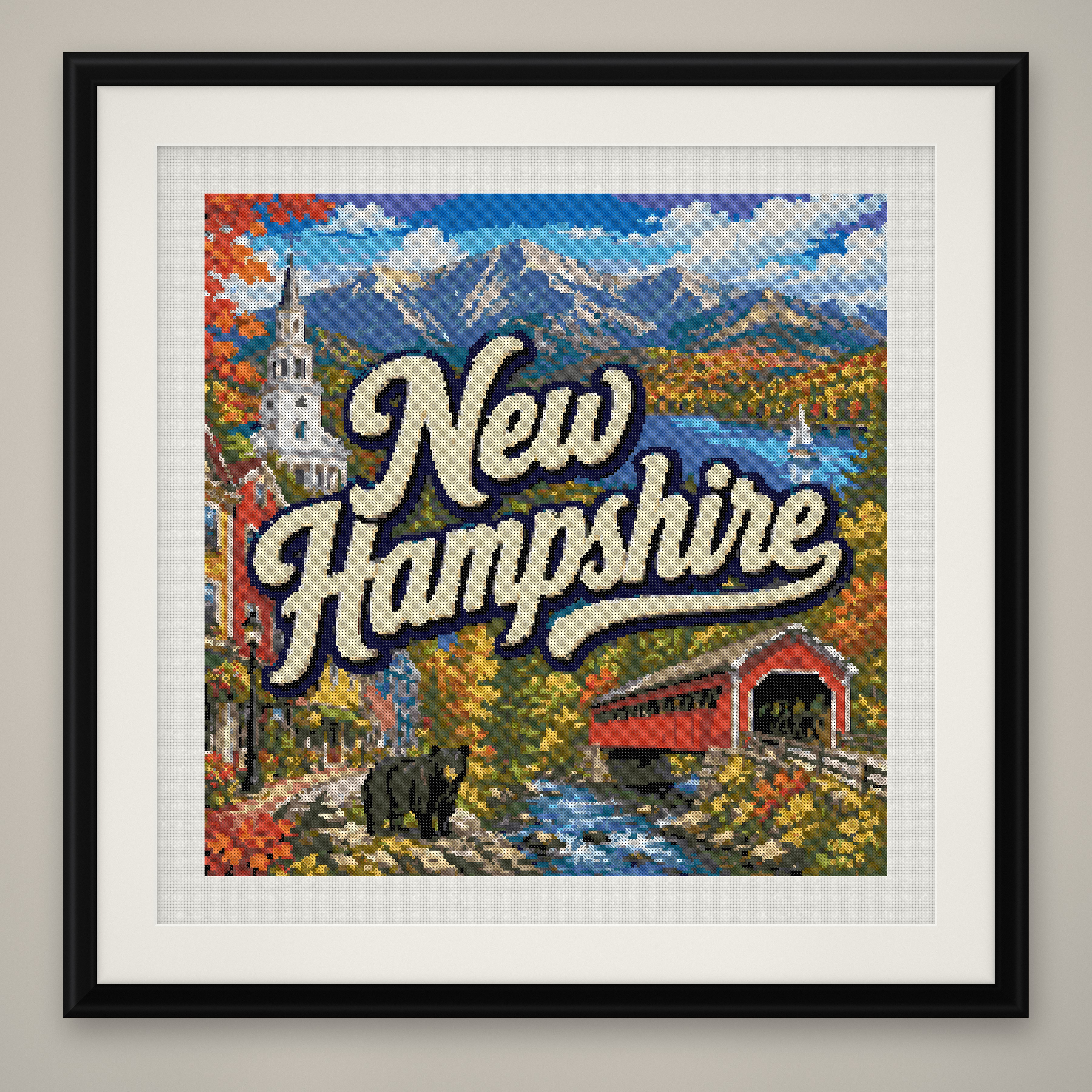 New Hampshire State Cross Stitch Pattern, Vintage Travel Poster Souvenir PDF