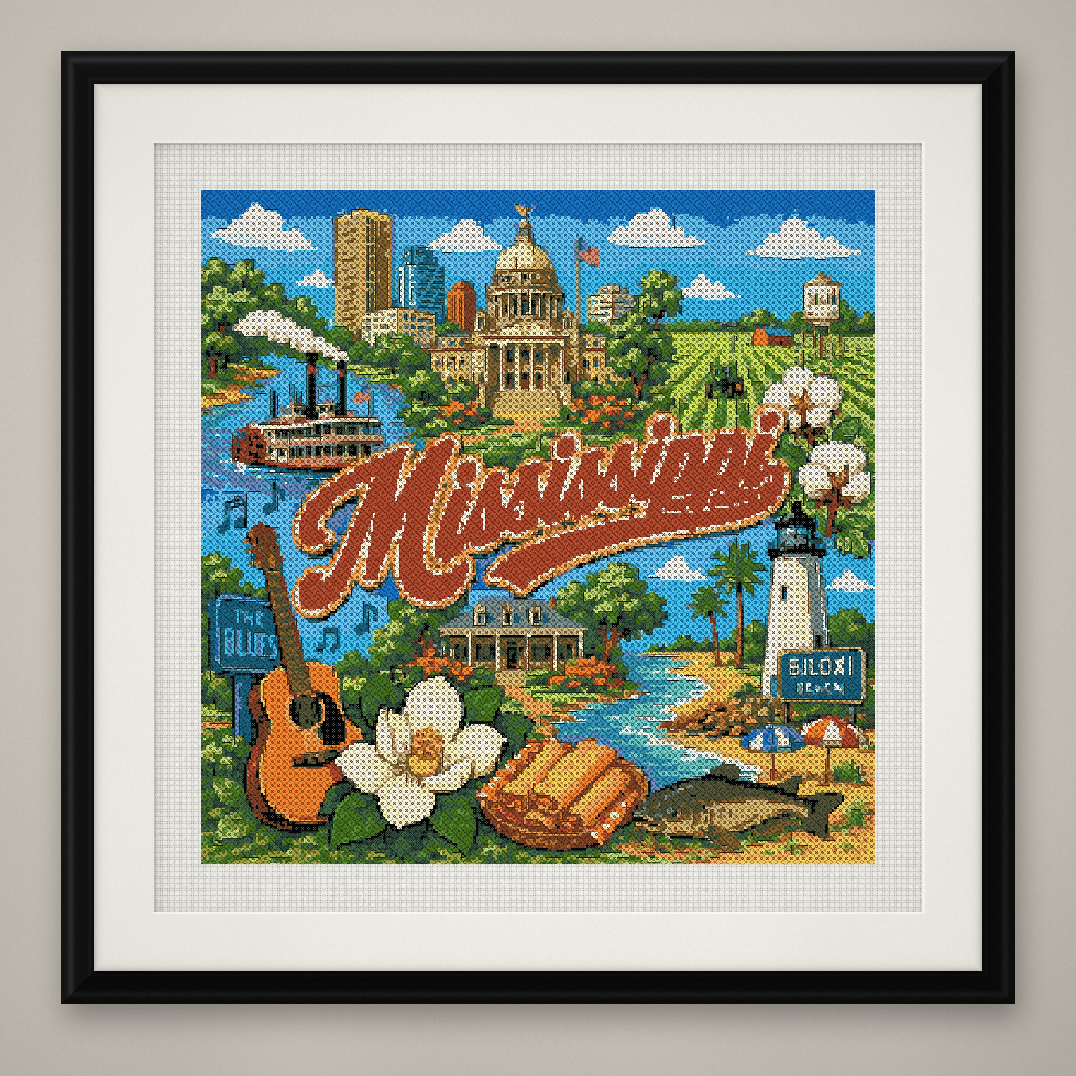 Mississippi State Cross Stitch Pattern, Blues Magnolia Souvenir PDF