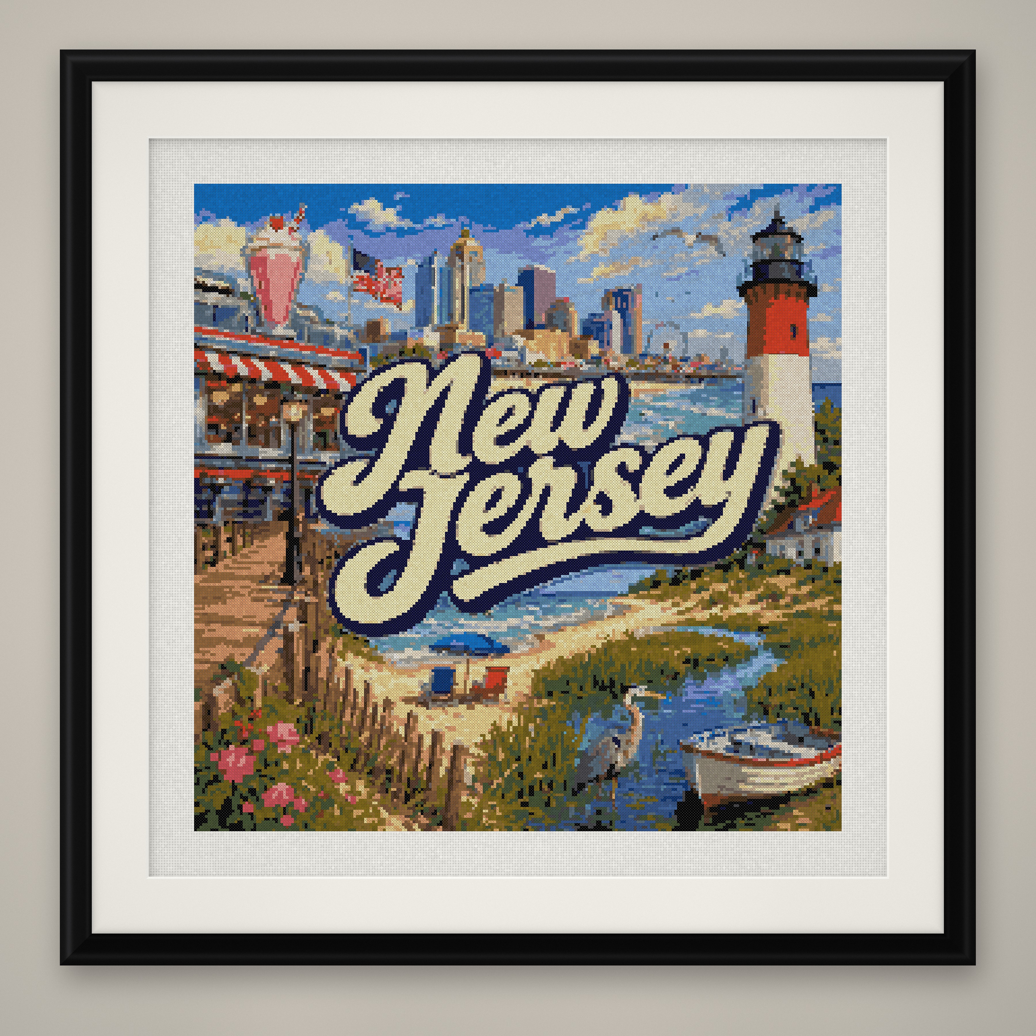 New Jersey State Cross Stitch Pattern, Vintage Travel Poster Souvenir PDF