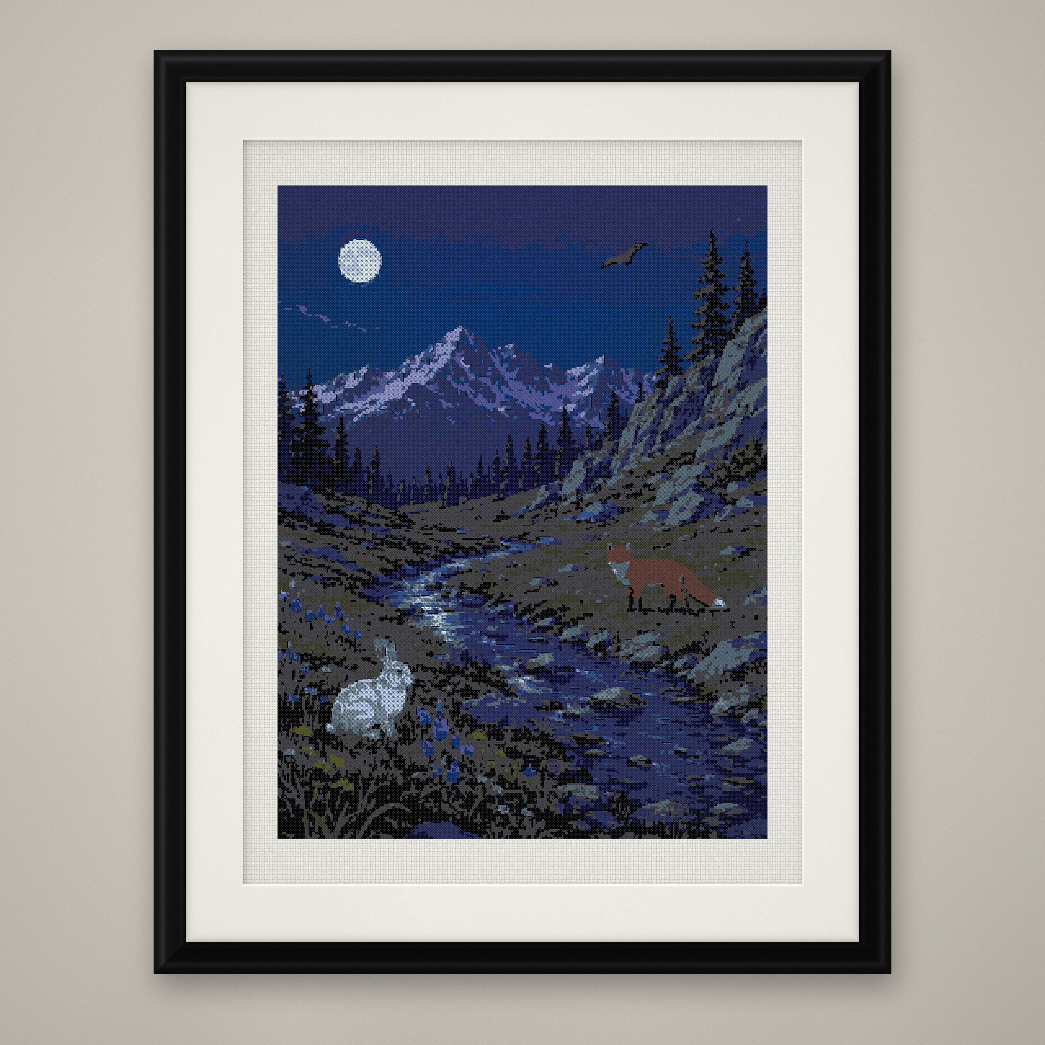 Mountain Night Cross Stitch Pattern, Owl Fox Full Moon Wildlife PDF