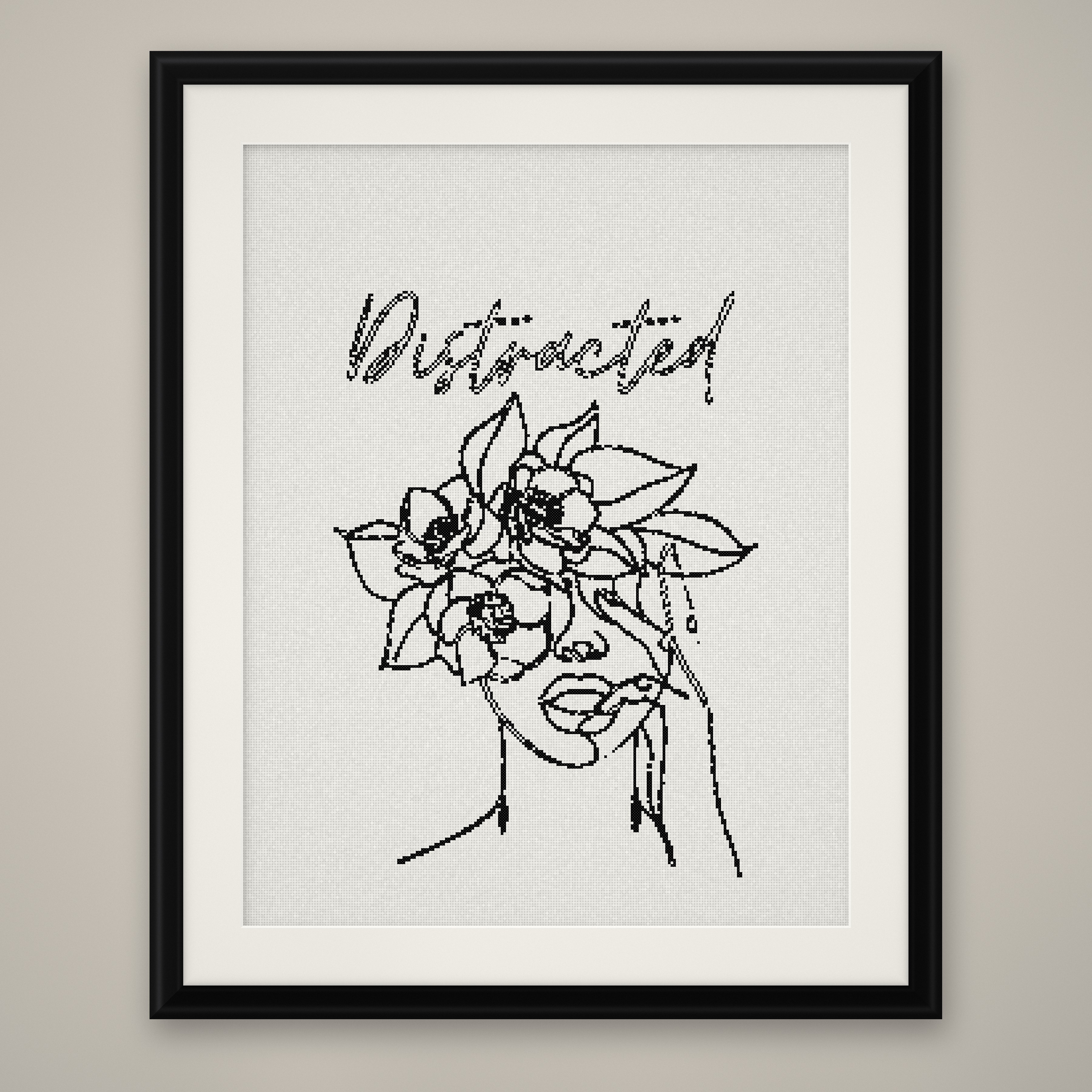 Distracted Cross Stitch Pattern, Minimalist Floral Line Art Woman PDF