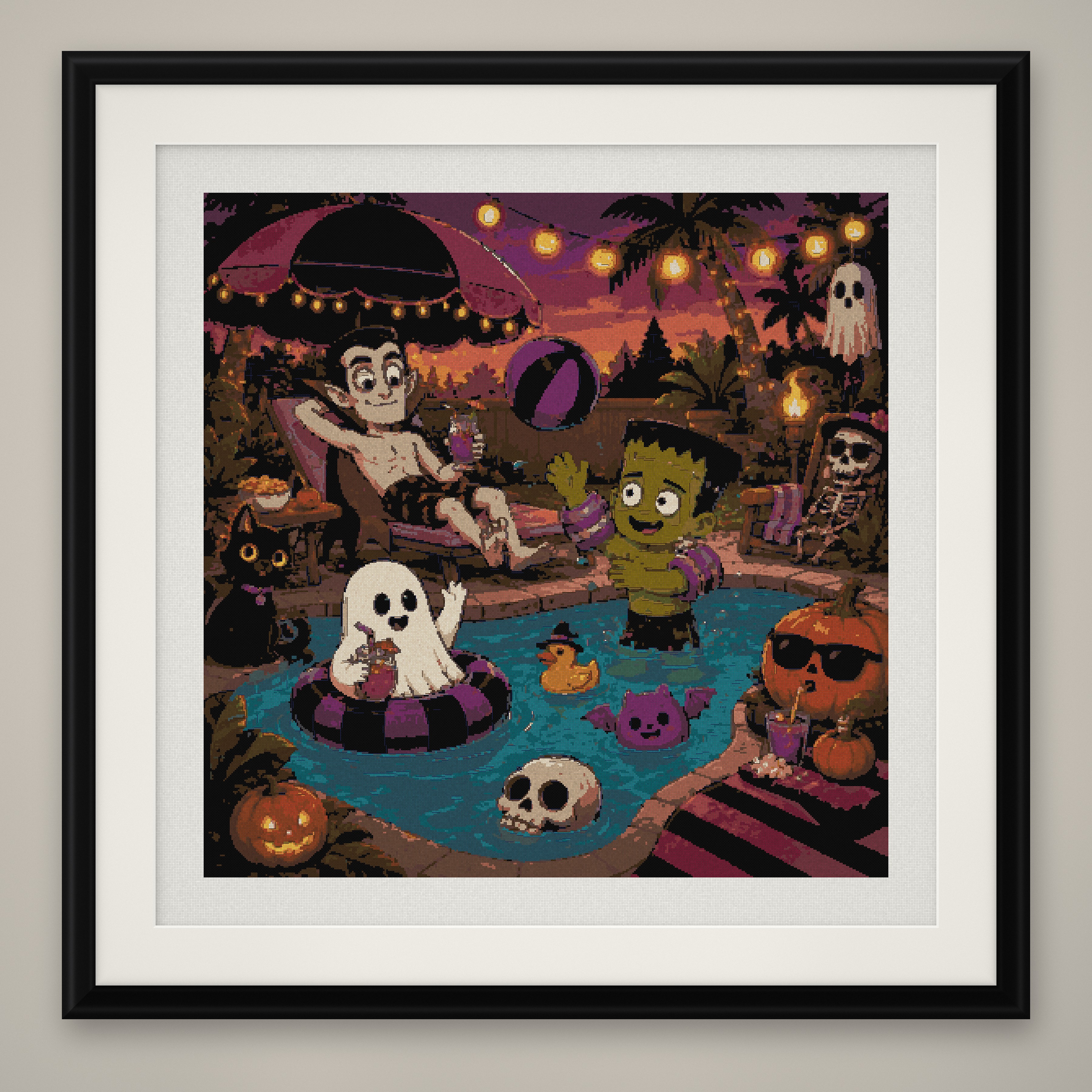Monster Pool Party Cross Stitch Pattern, Summer Halloween PDF