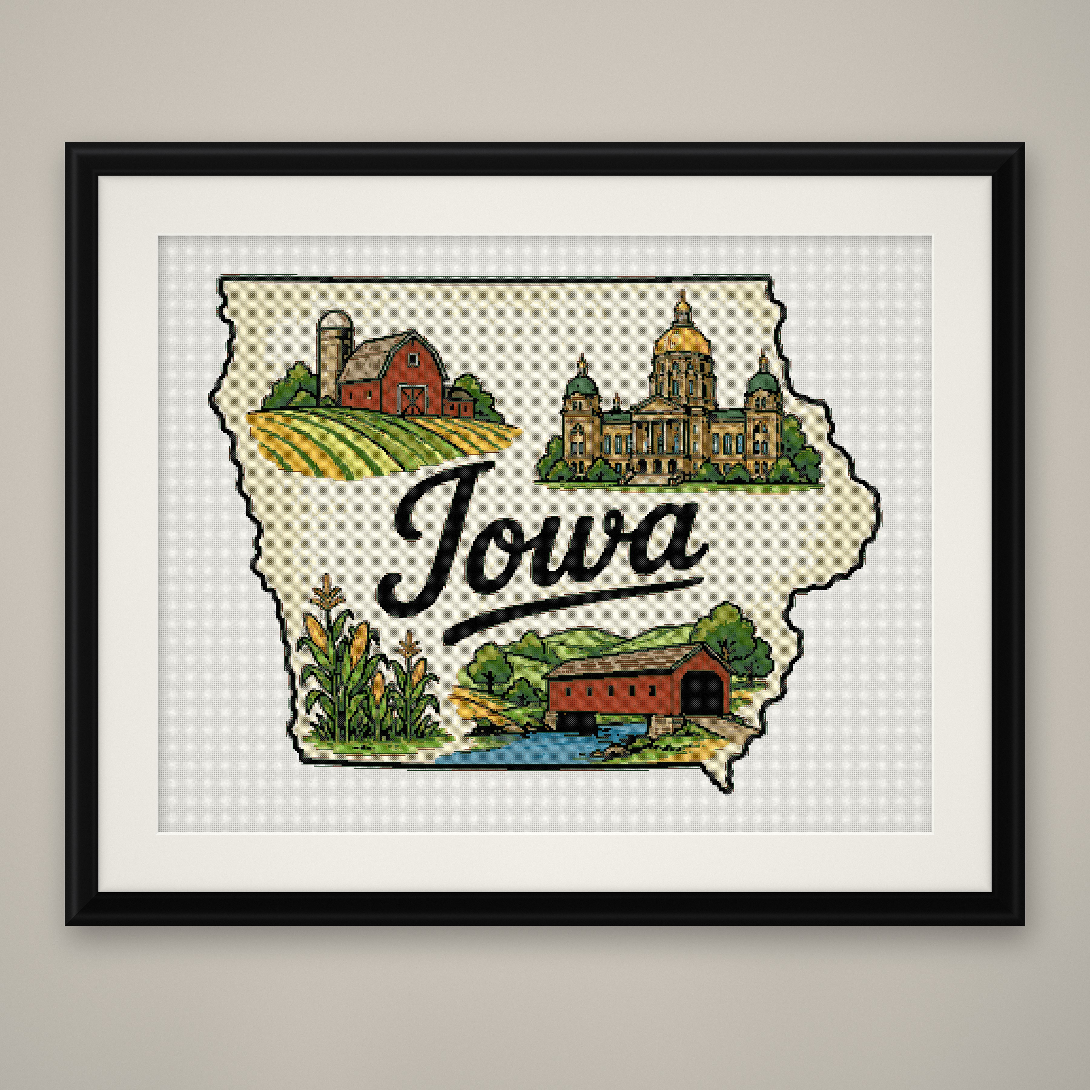 Iowa State Cross Stitch Pattern, State Shape Travel Souvenir PDF