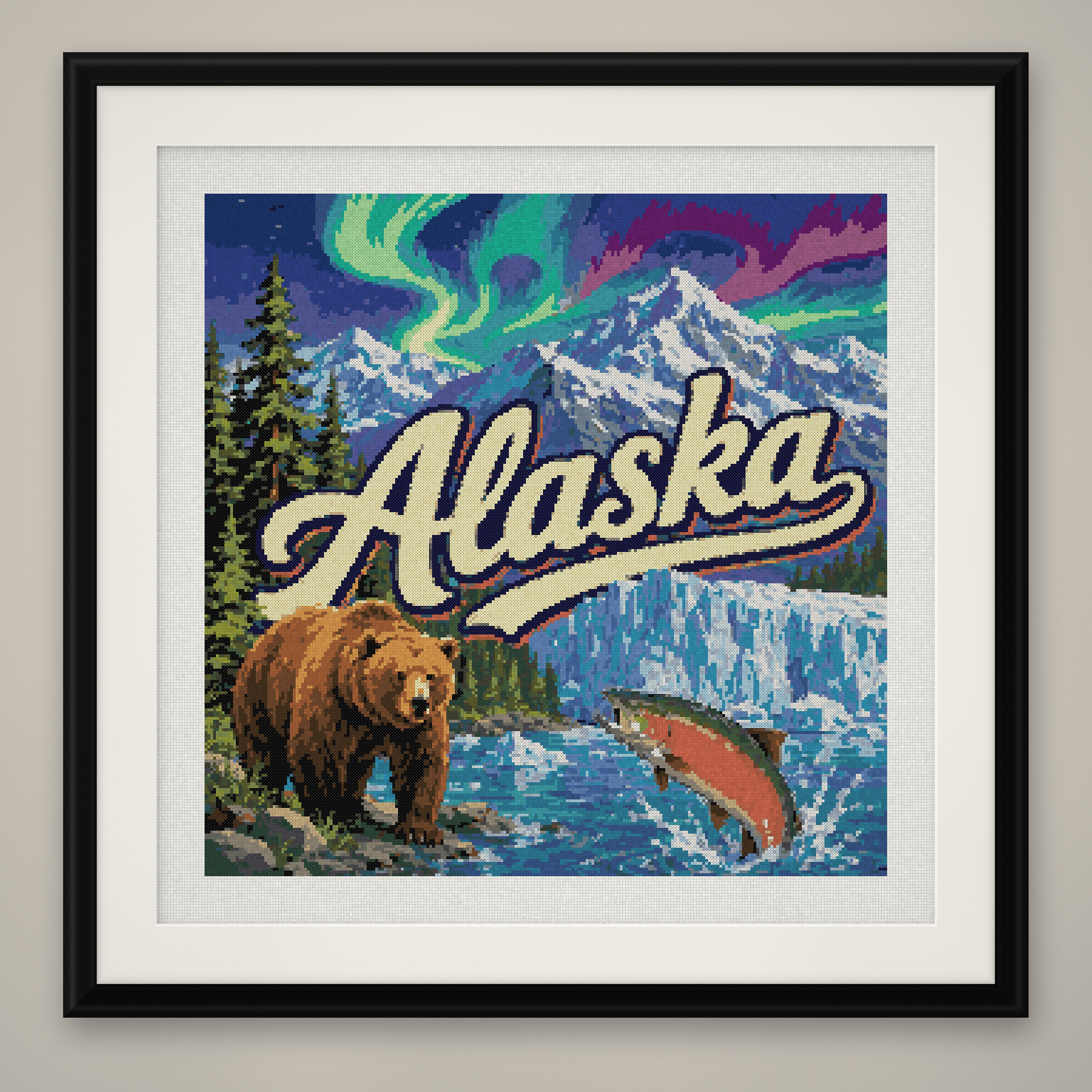 Alaska State Cross Stitch Pattern, Vintage Travel Poster Souvenir PDF