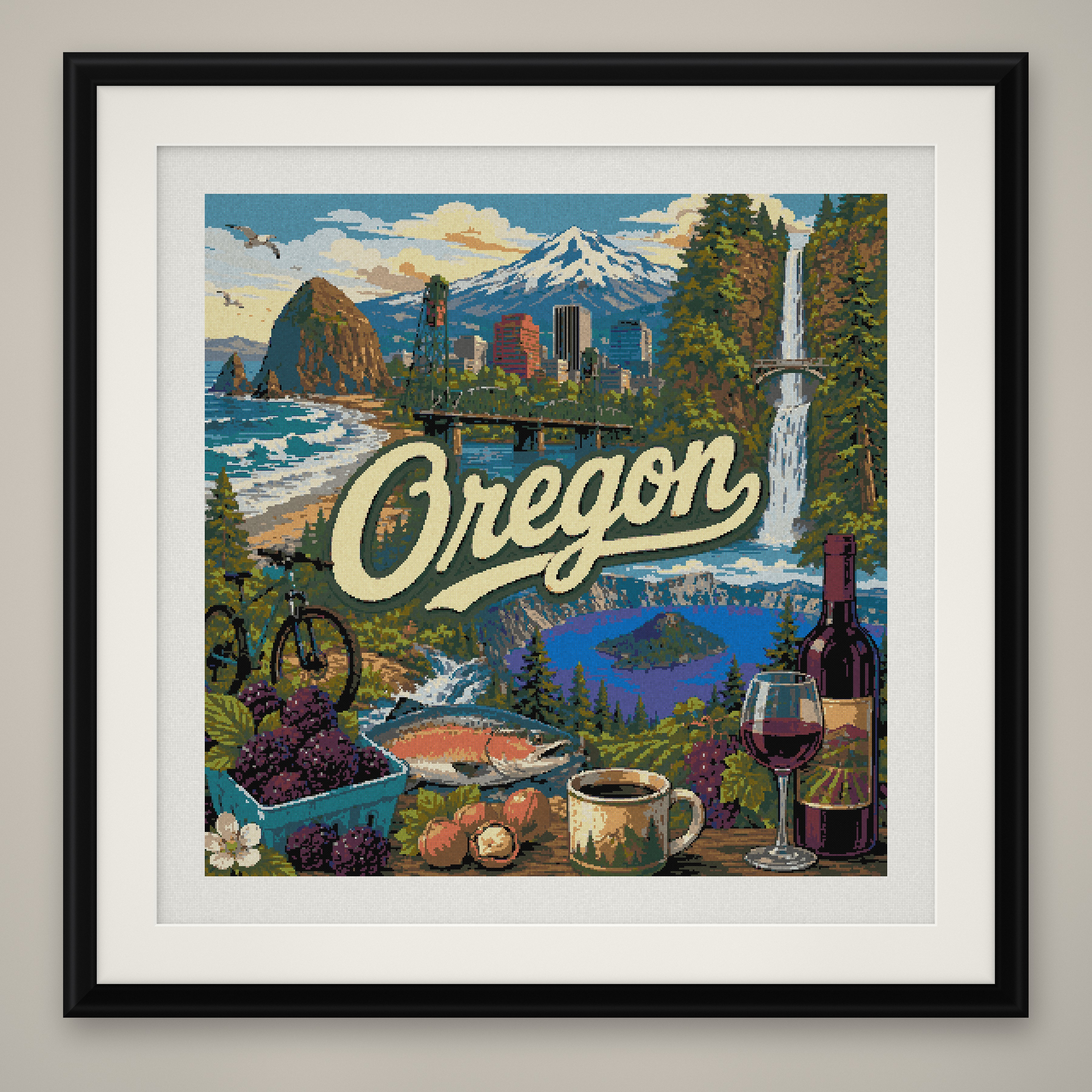 Oregon Cross Stitch Pattern, State Travel Poster Landscape Wall Art PDF