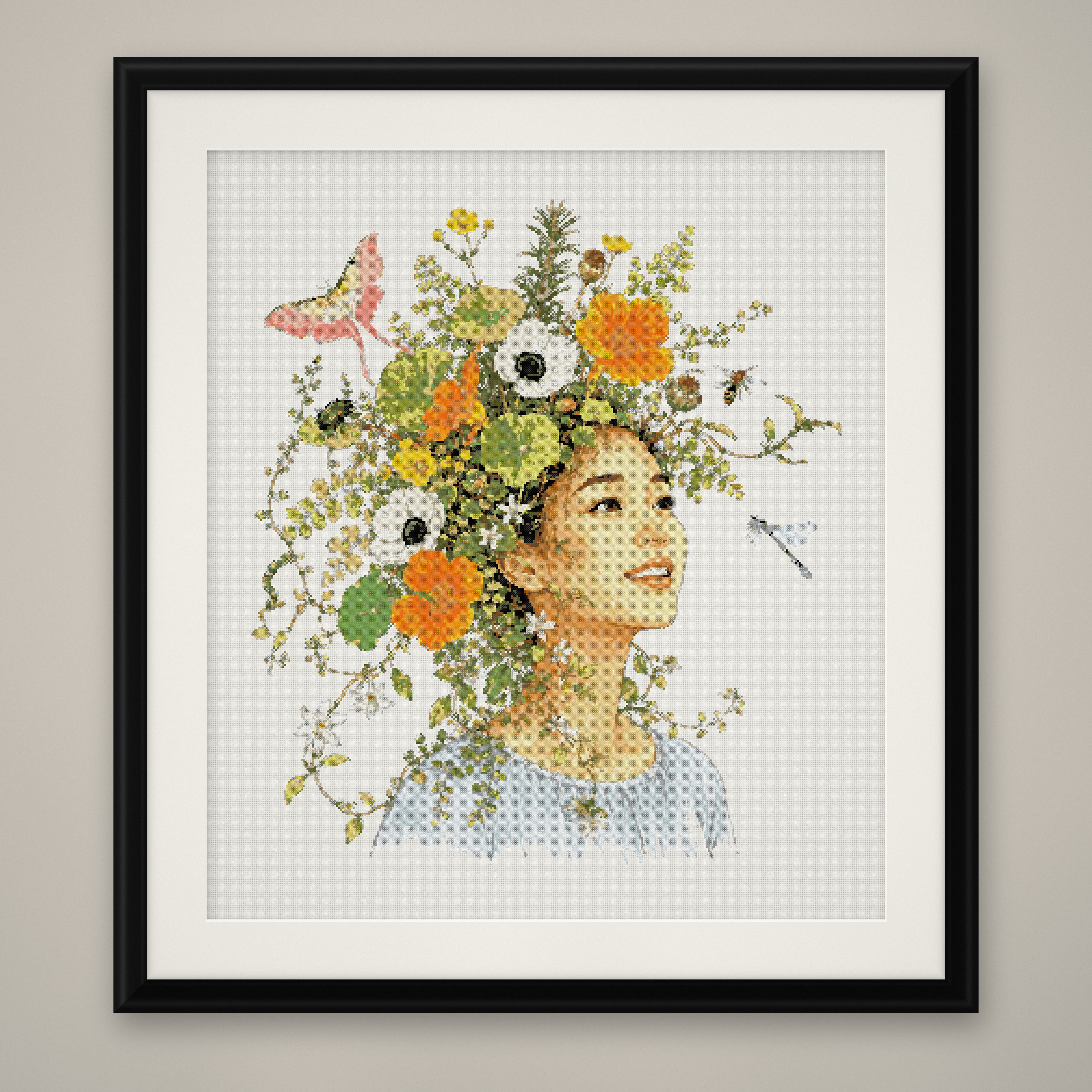 Daisy Hair Woman Cross Stitch Pattern, Floral Portrait Fantasy PDF