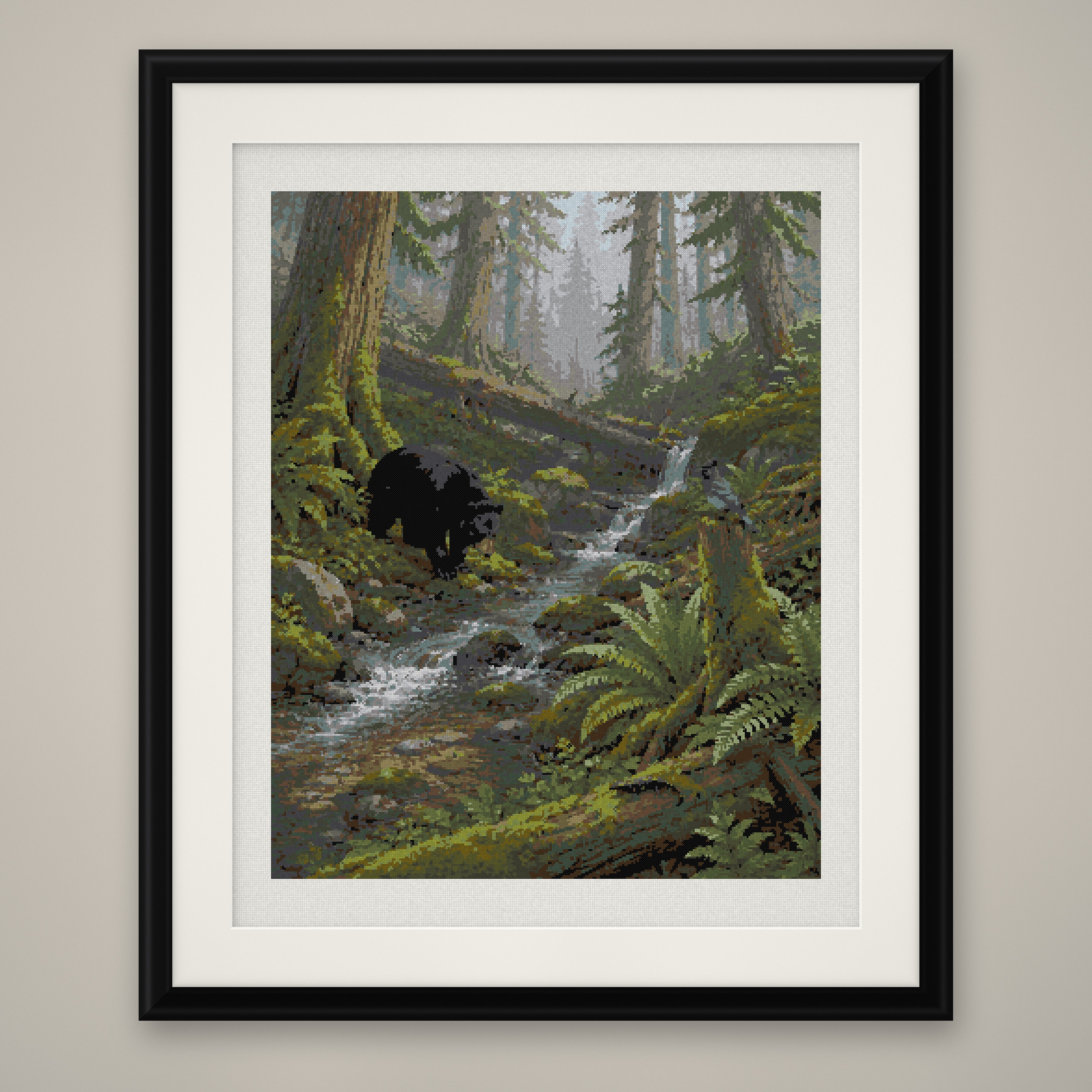 Black Bear Cross Stitch Pattern, Forest Stream Woodland Wildlife PDF