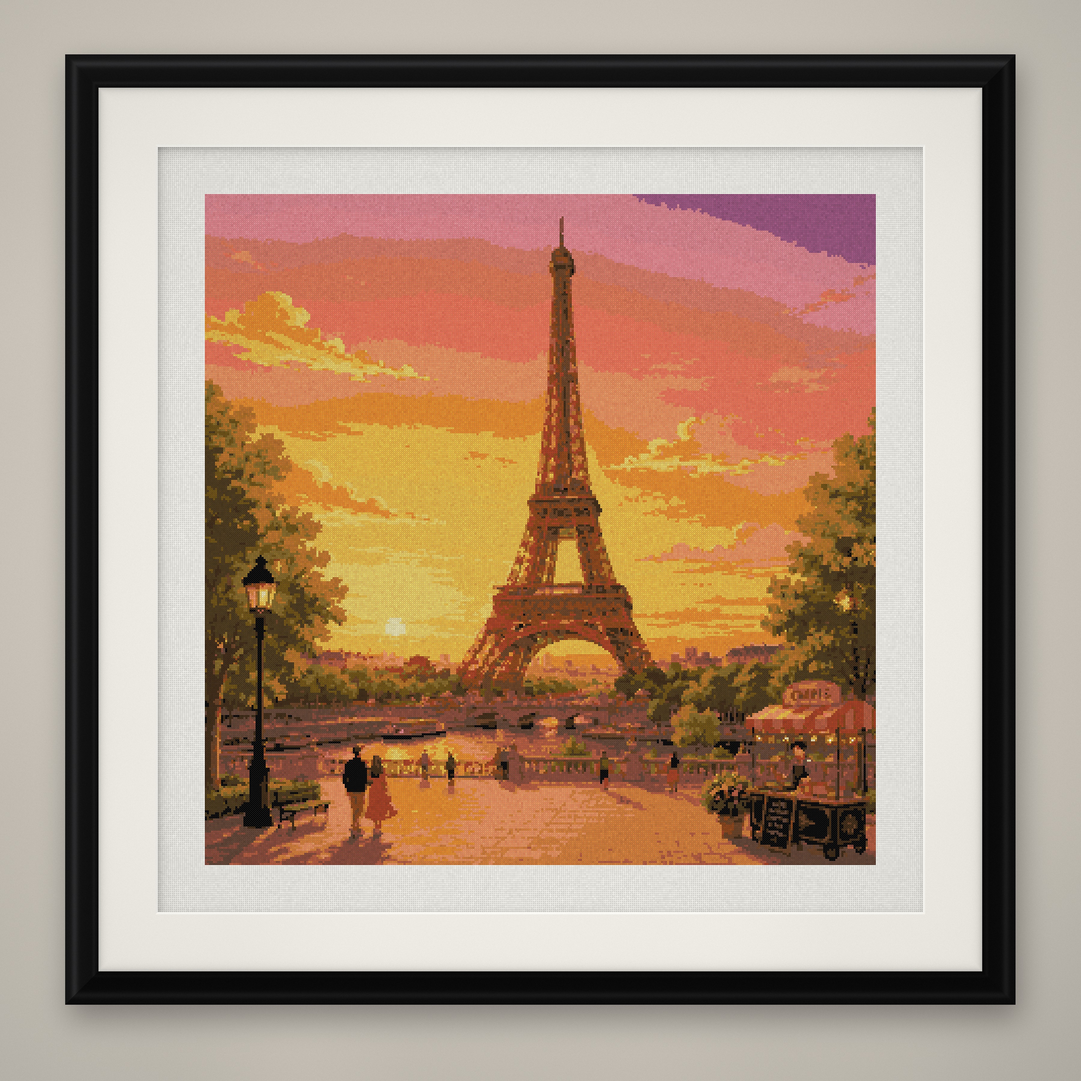 Eiffel Tower Sunset Cross Stitch Pattern, Paris France Skyline PDF