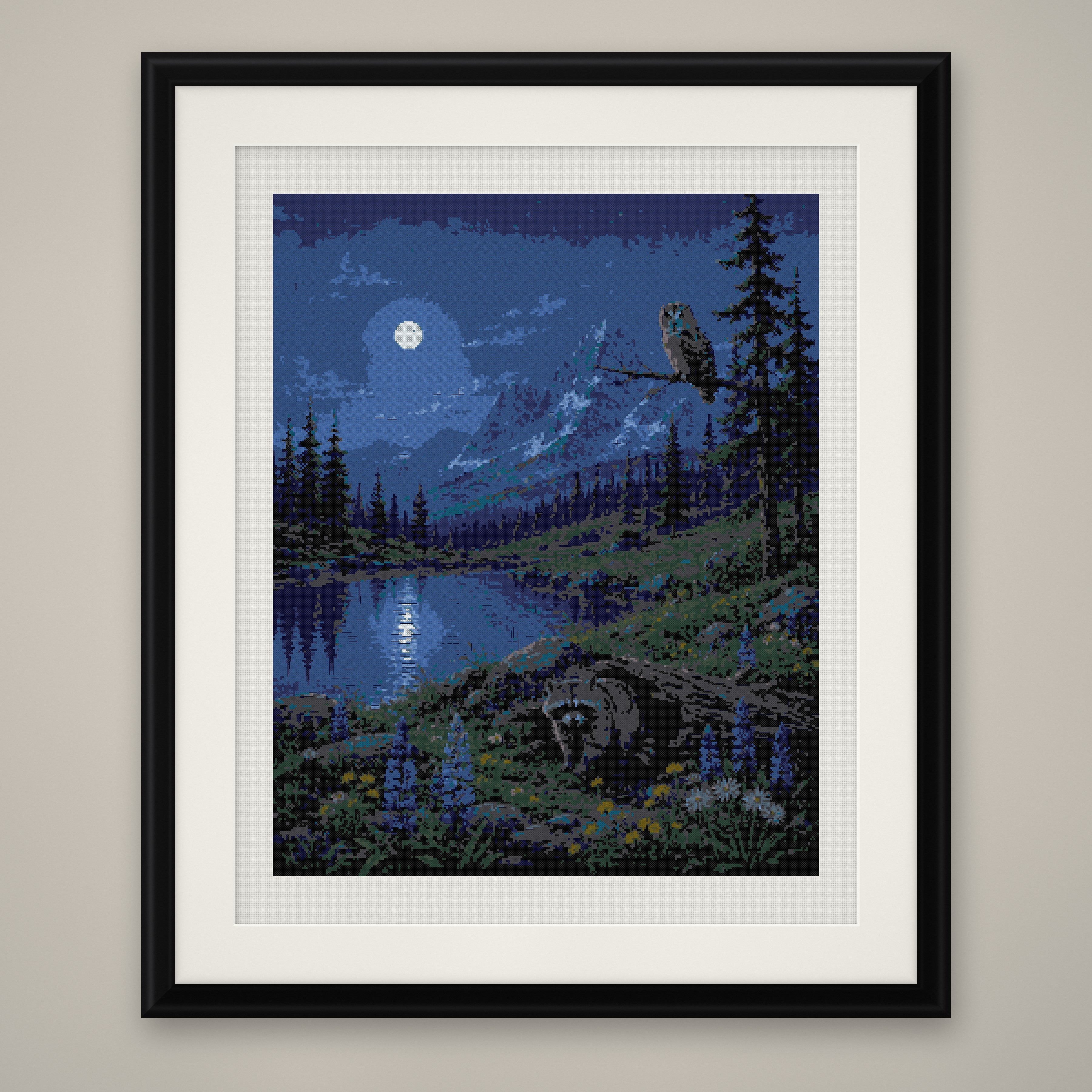 Moonlit Mountain Lake Cross Stitch Pattern, Bear Owl Night PDF