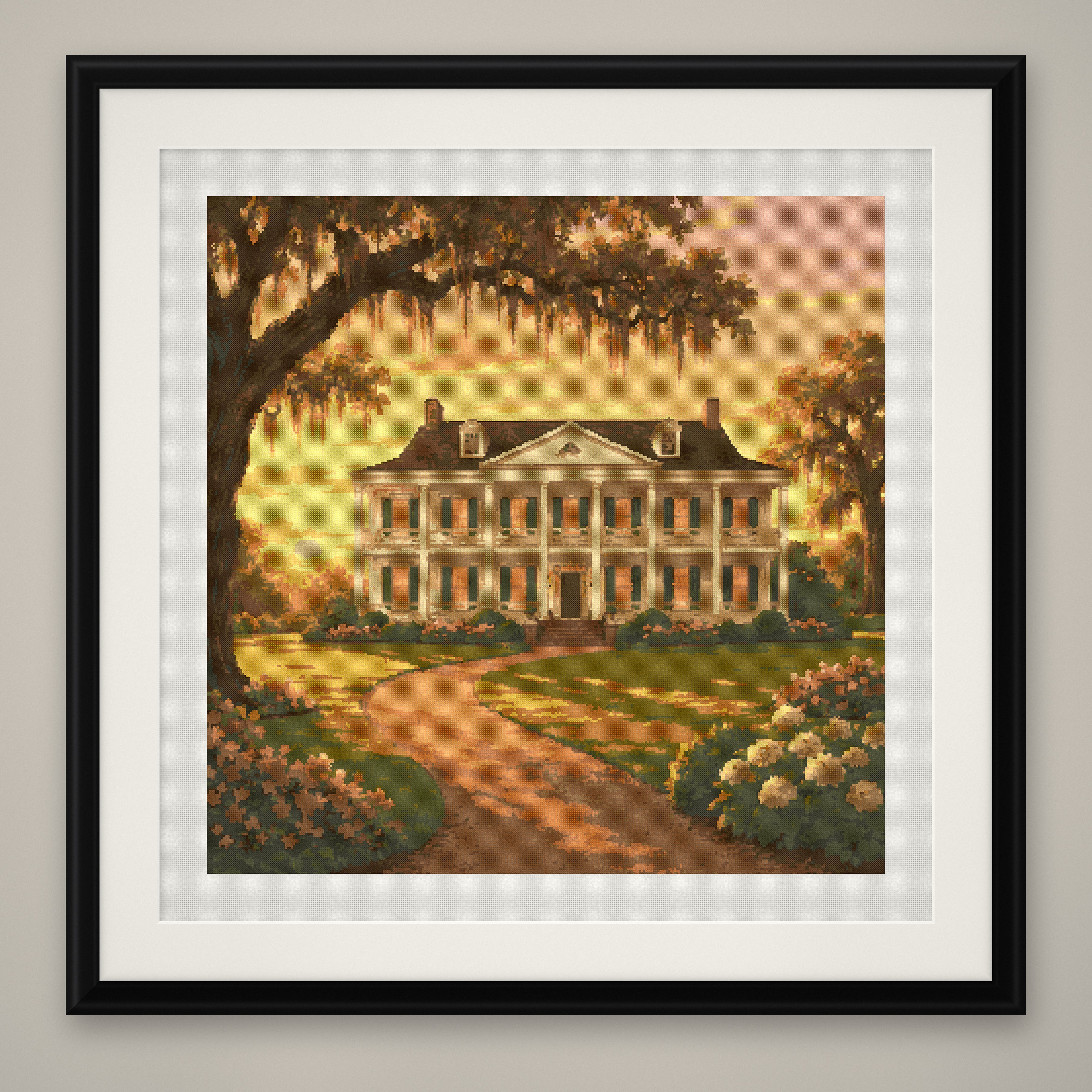 Oak Alley Manor Cross Stitch Pattern, Southern Sunset Live Oak PDF