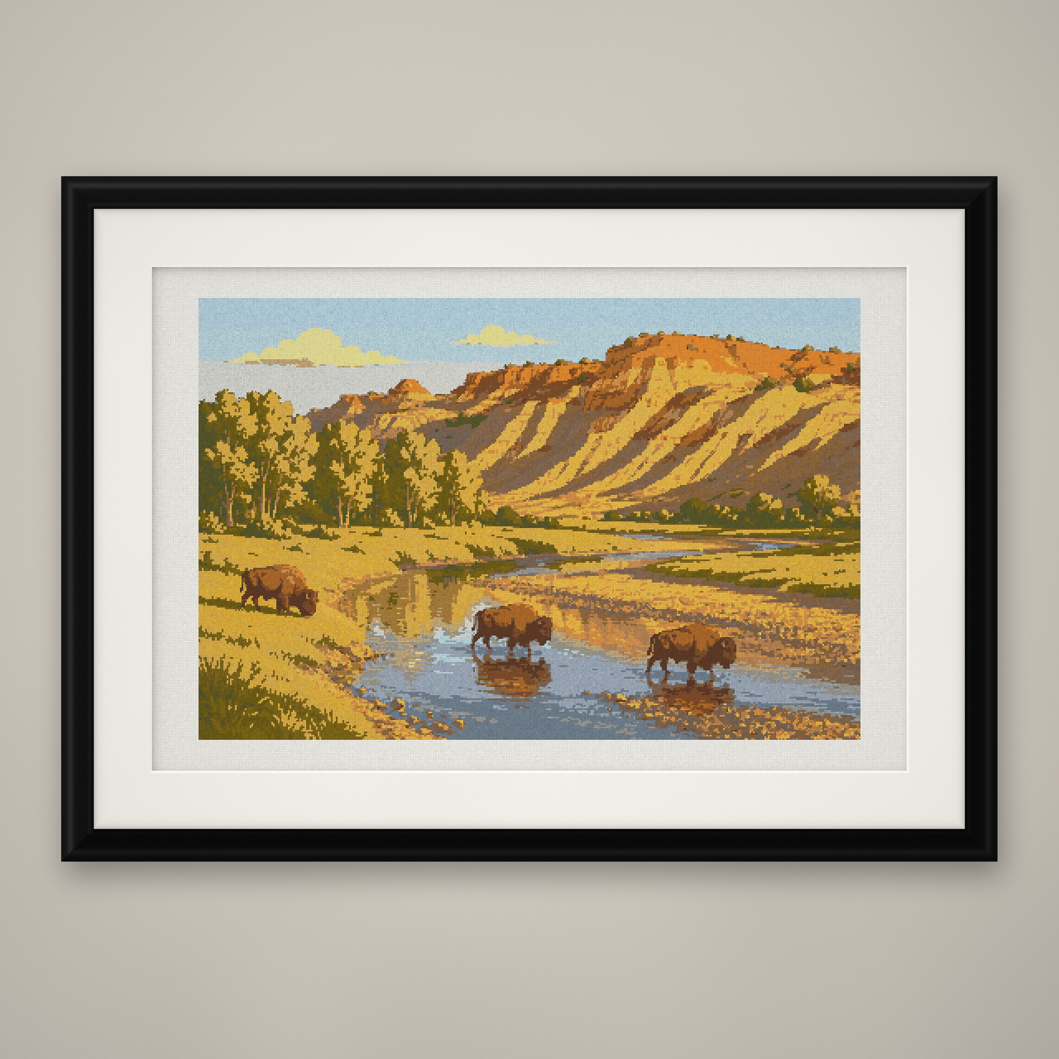 Buffalo River Cross Stitch Pattern, Badlands Bison Mountain PDF