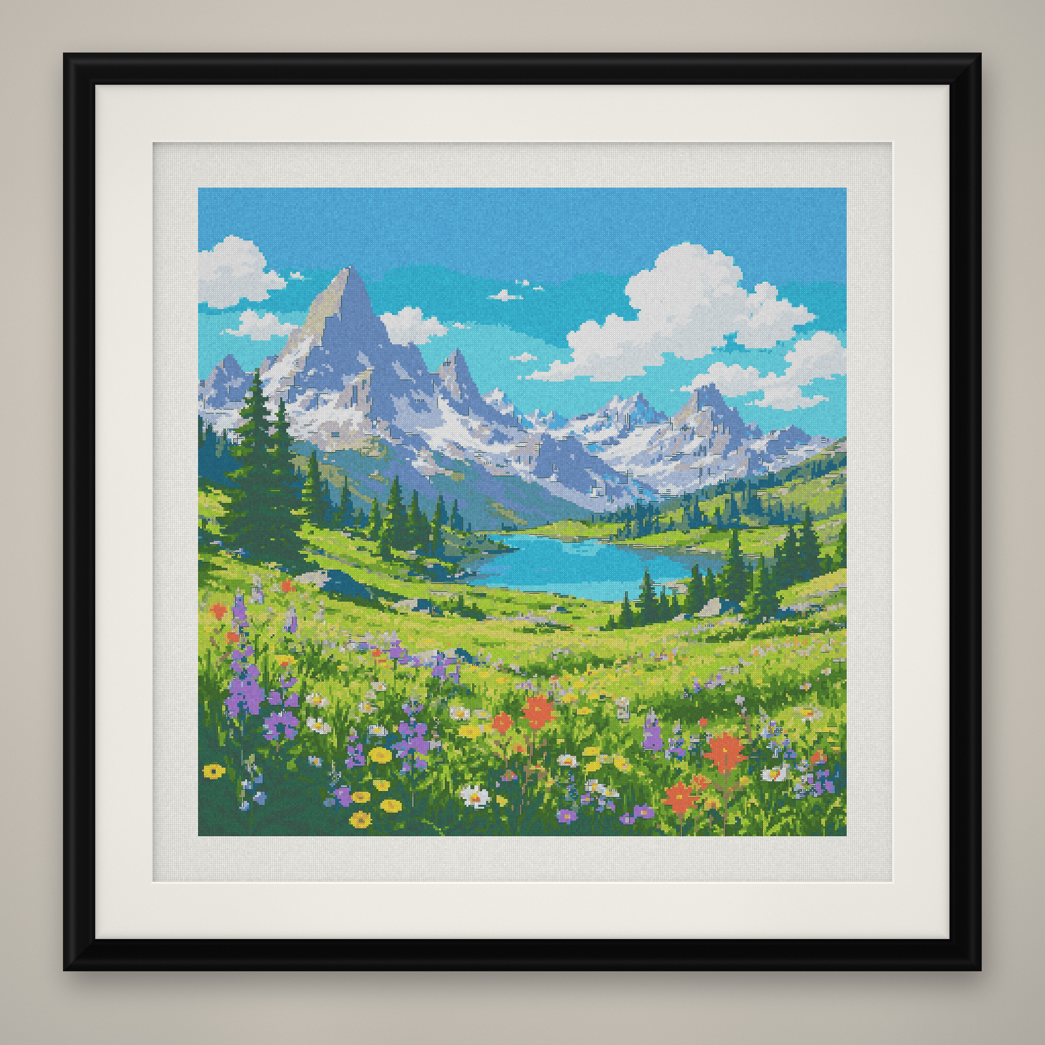Mountain Peak Cross Stitch Pattern, Alpine Lake Wildflower Valley PDF