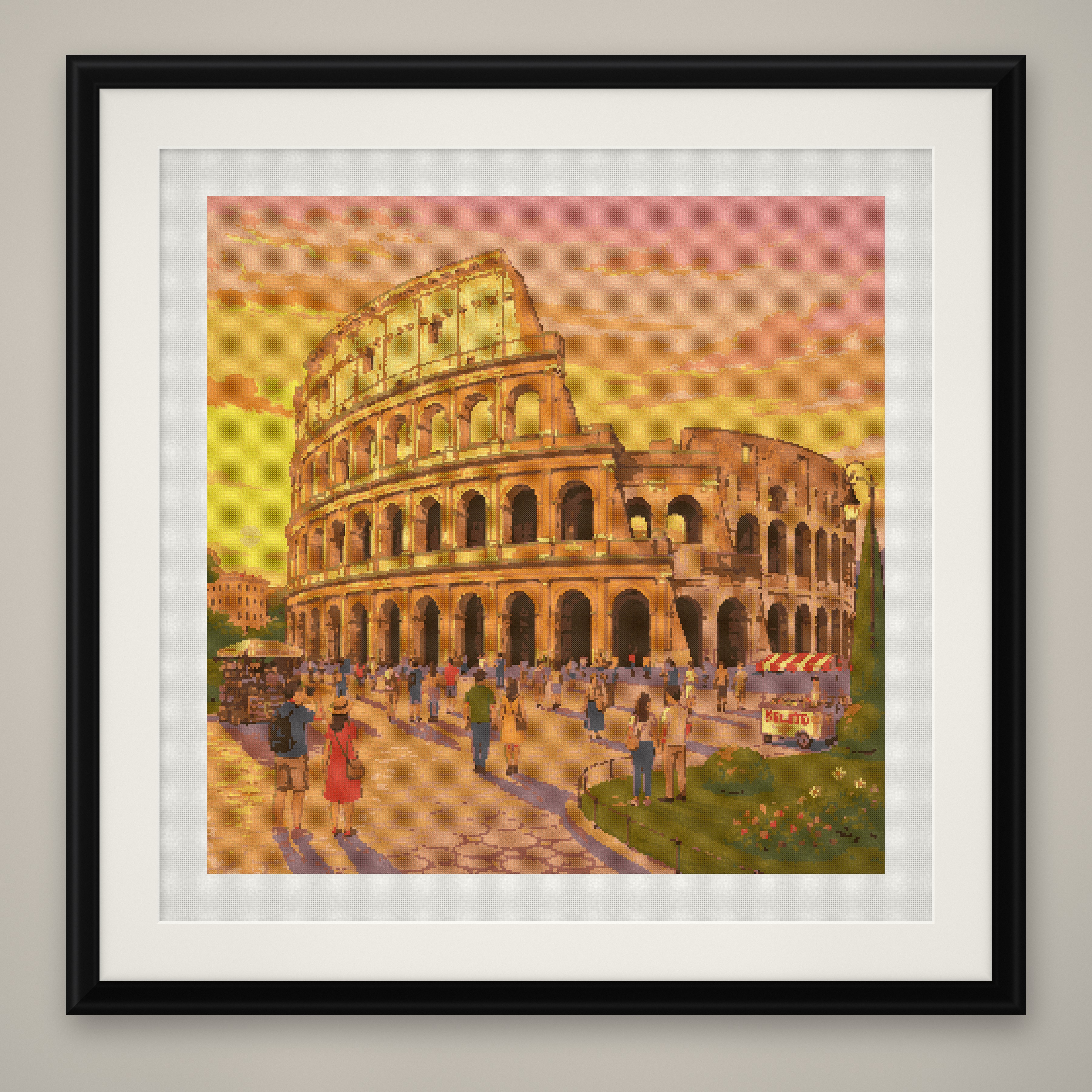 Colosseum Sunset Cross Stitch Pattern, Rome Italy Skyline PDF