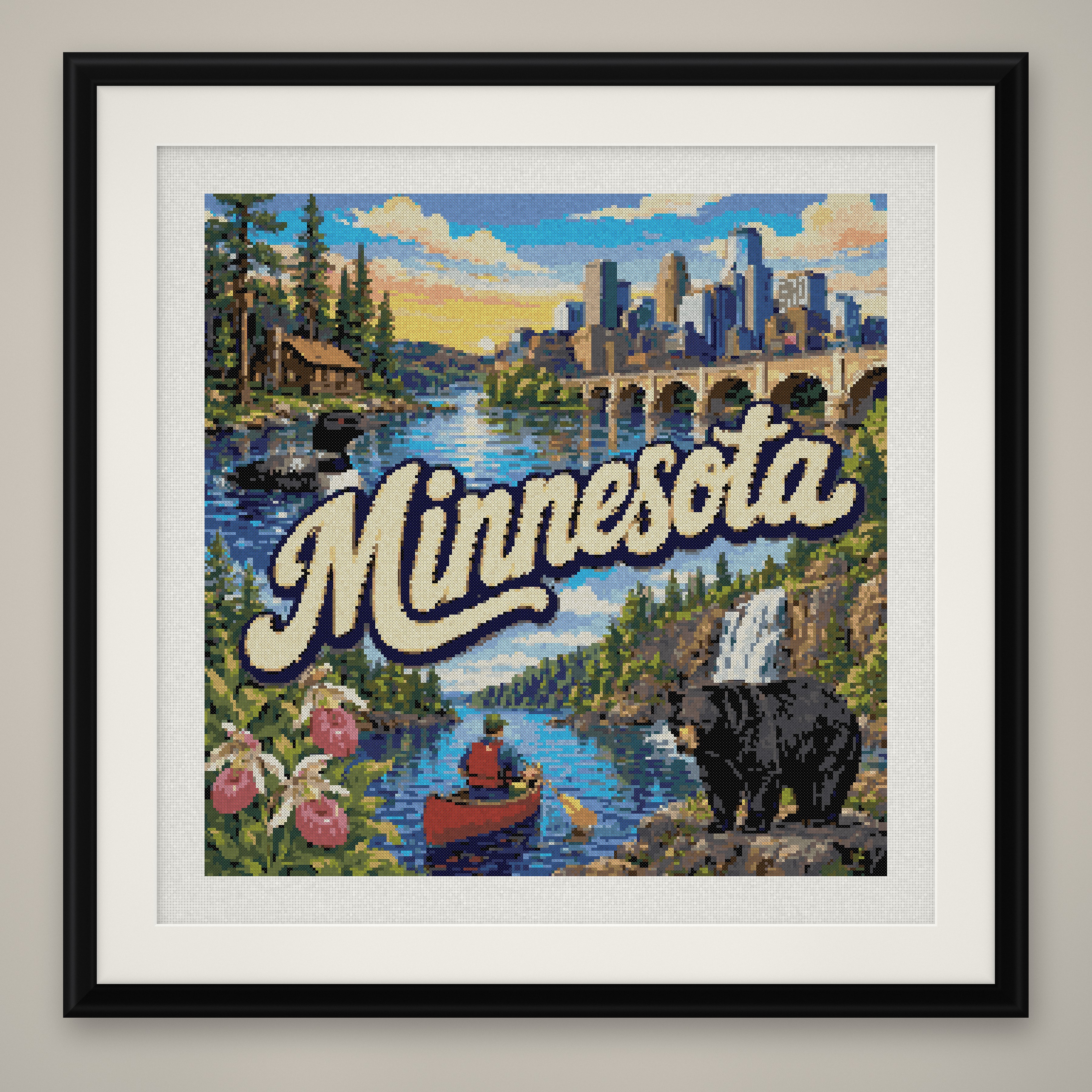 Minnesota State Cross Stitch Pattern, Vintage Travel Poster Souvenir PDF