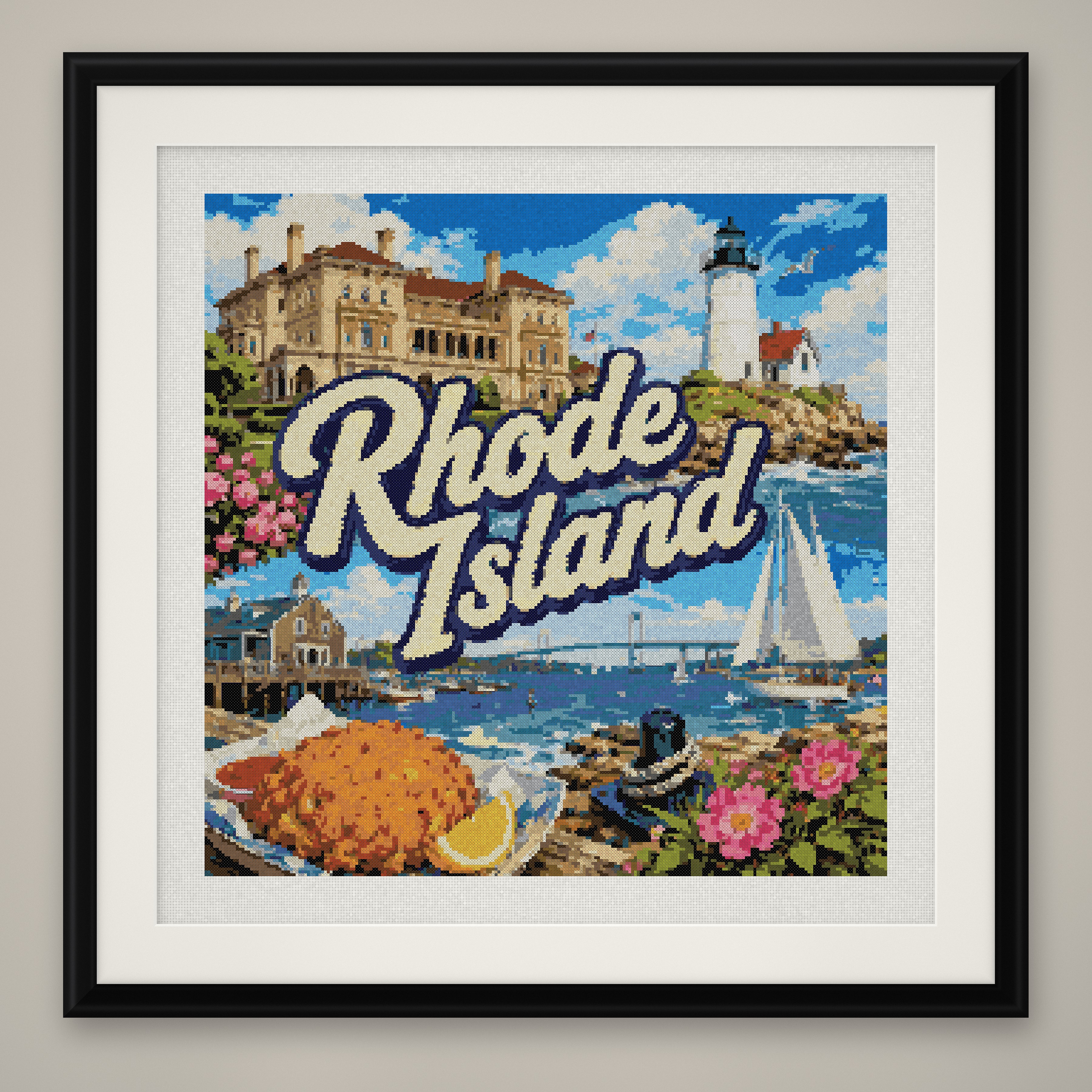 Rhode Island State Cross Stitch Pattern, Vintage Travel Poster Souvenir PDF
