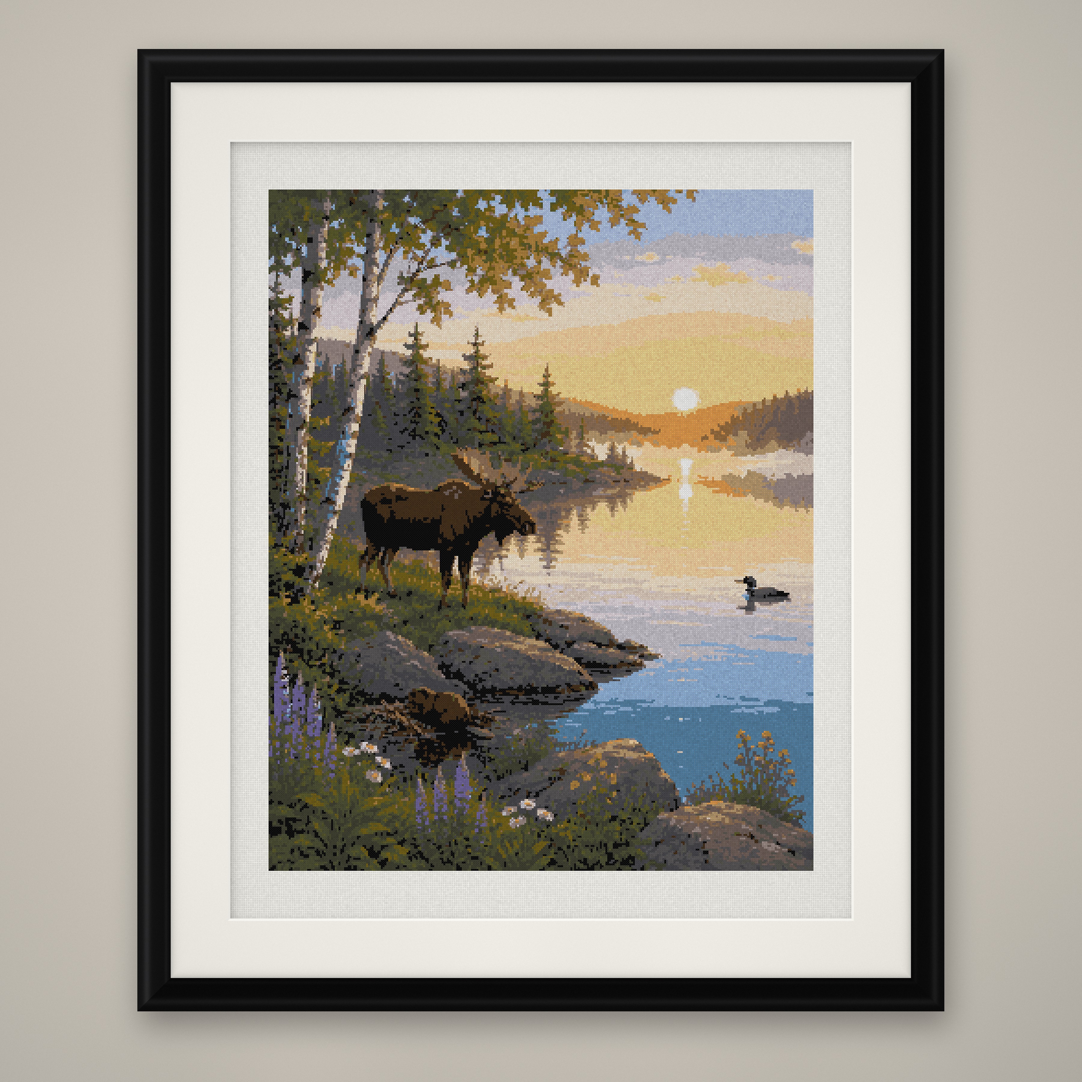 Moose Lake Cross Stitch Pattern, Sunset Pine Forest Loon Wildlife PDF